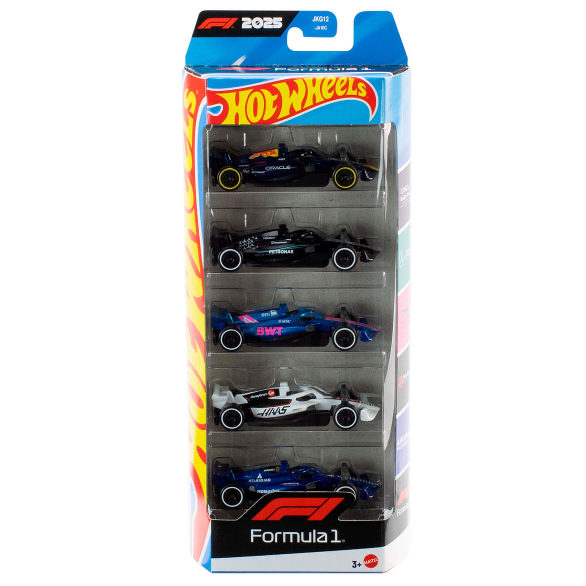 Scatola contenente cinque macchinine di Formula 1 colorate.