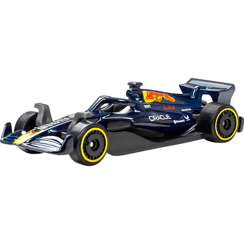 Auto da corsa blu scuro di Formula 1 con cerchi e loghi gialli.