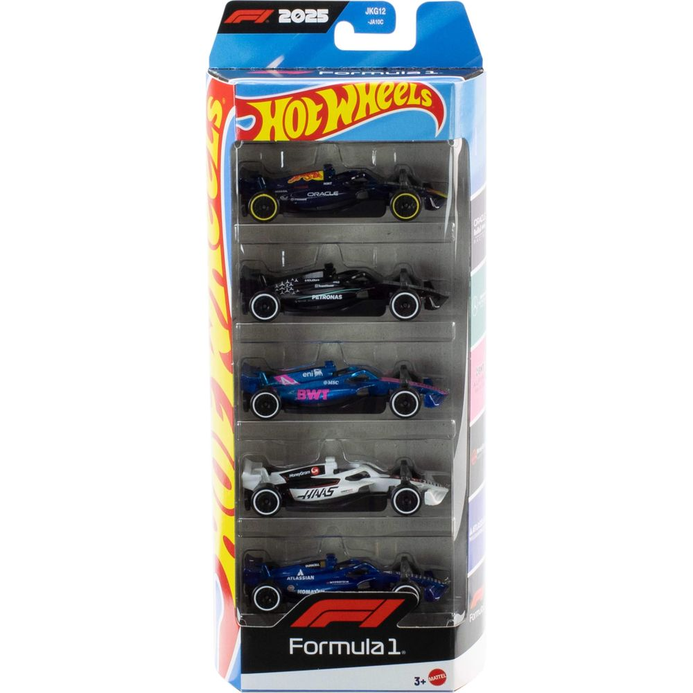 Confezione con quattro macchinine di Formula 1: blu, nera, blu/rosa, bianca/nera.
