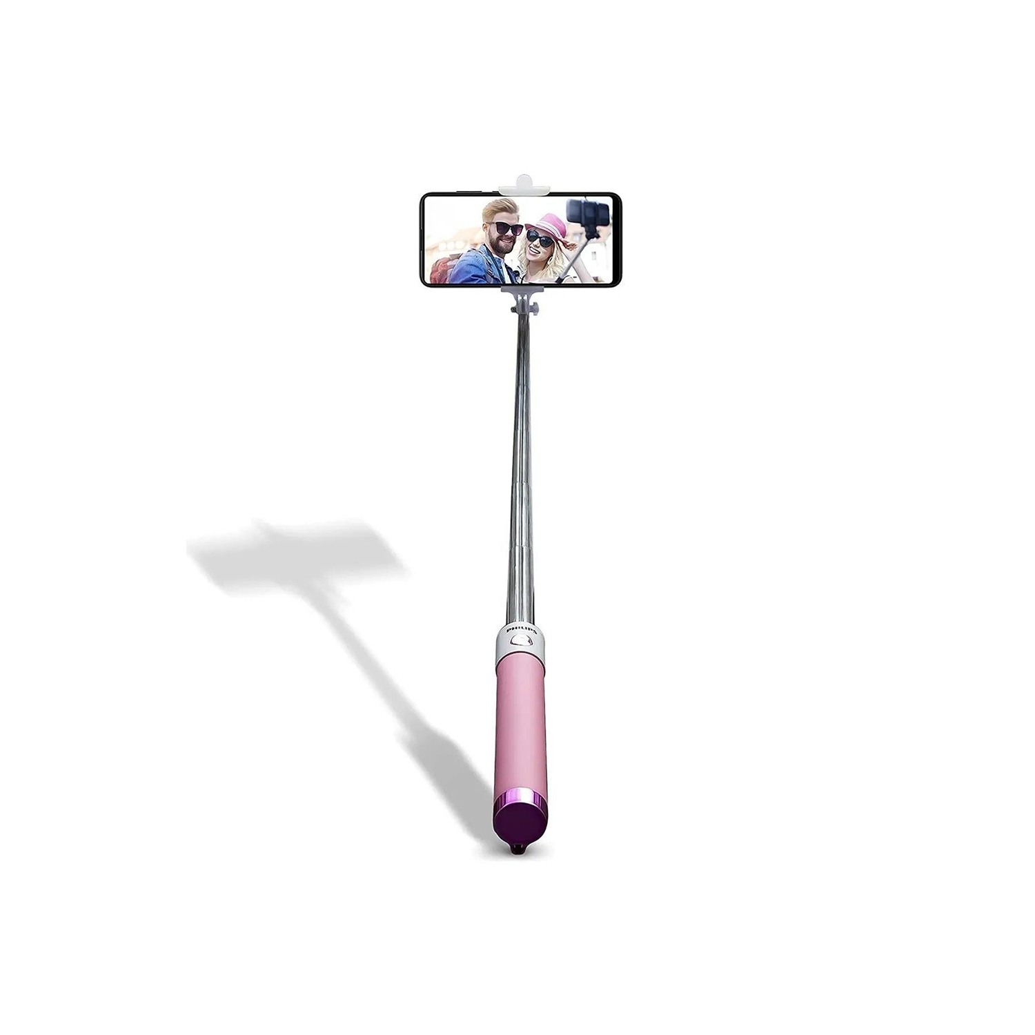 Bir çifti gösteren akıllı telefonu tutan pembe selfie çubuğu.