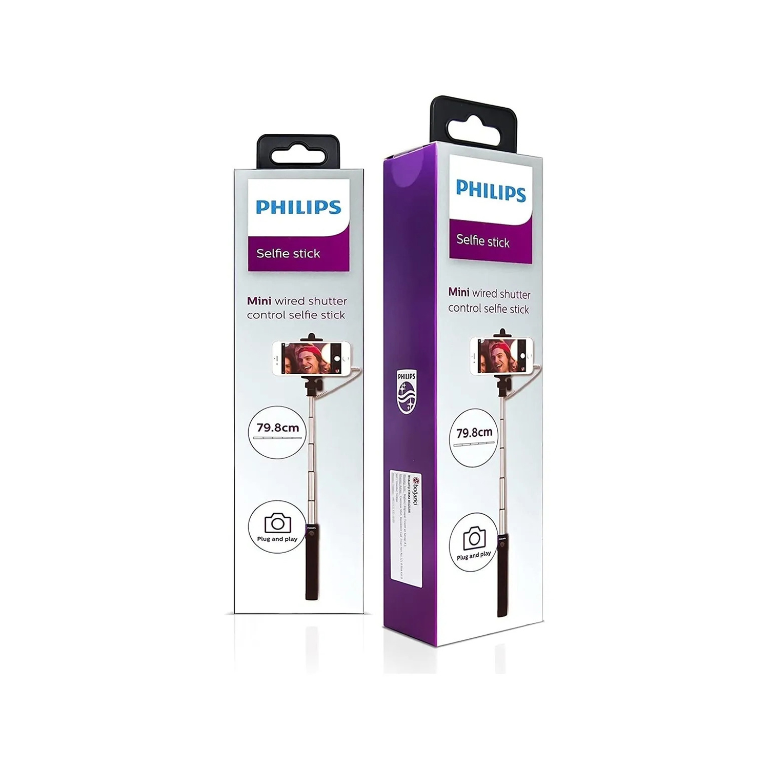 İki adet Philips selfie çubuğu kutusunda, biri mor, diğeri beyaz.