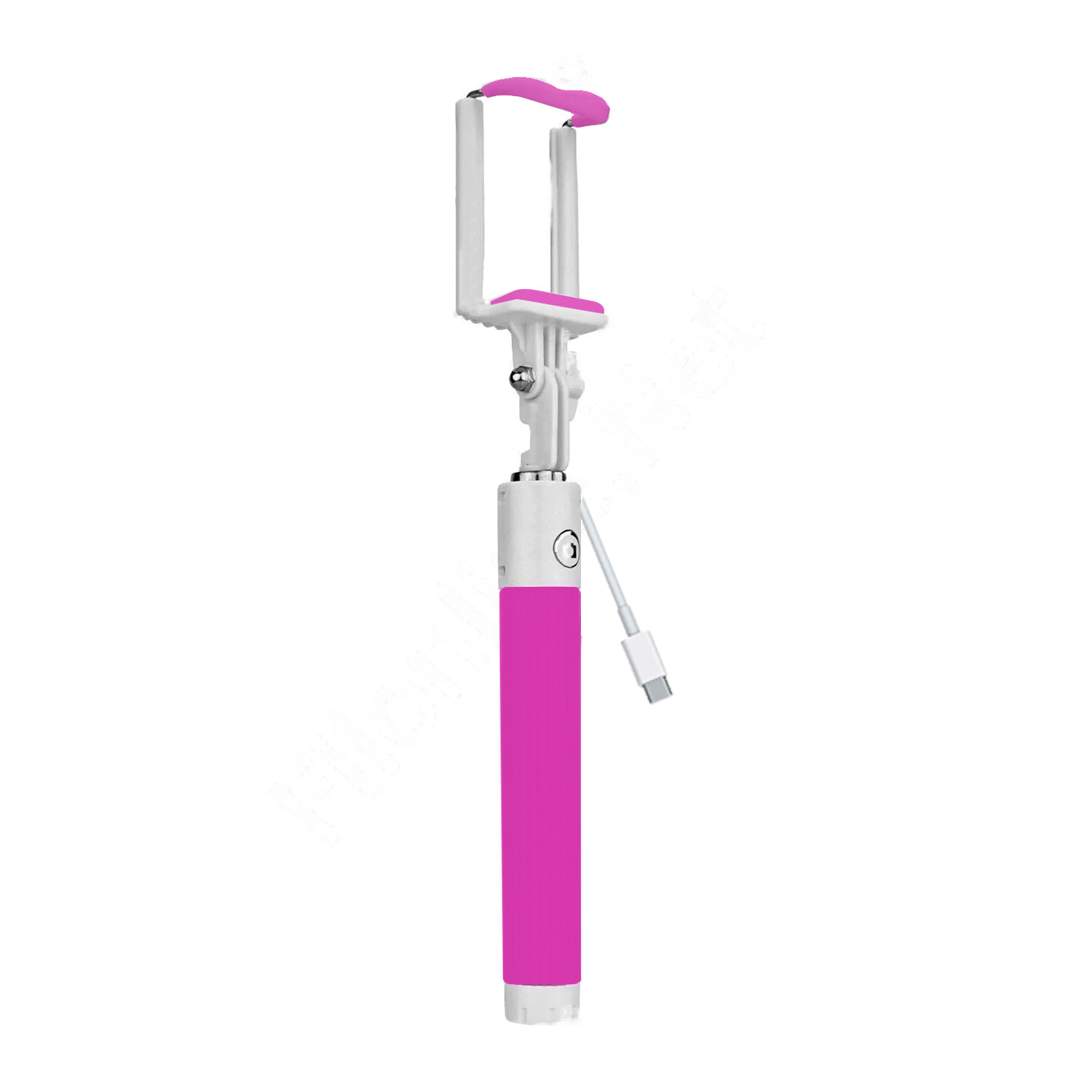 Beyaz kelepçeli ve USB kablolu pembe selfie çubuğu.