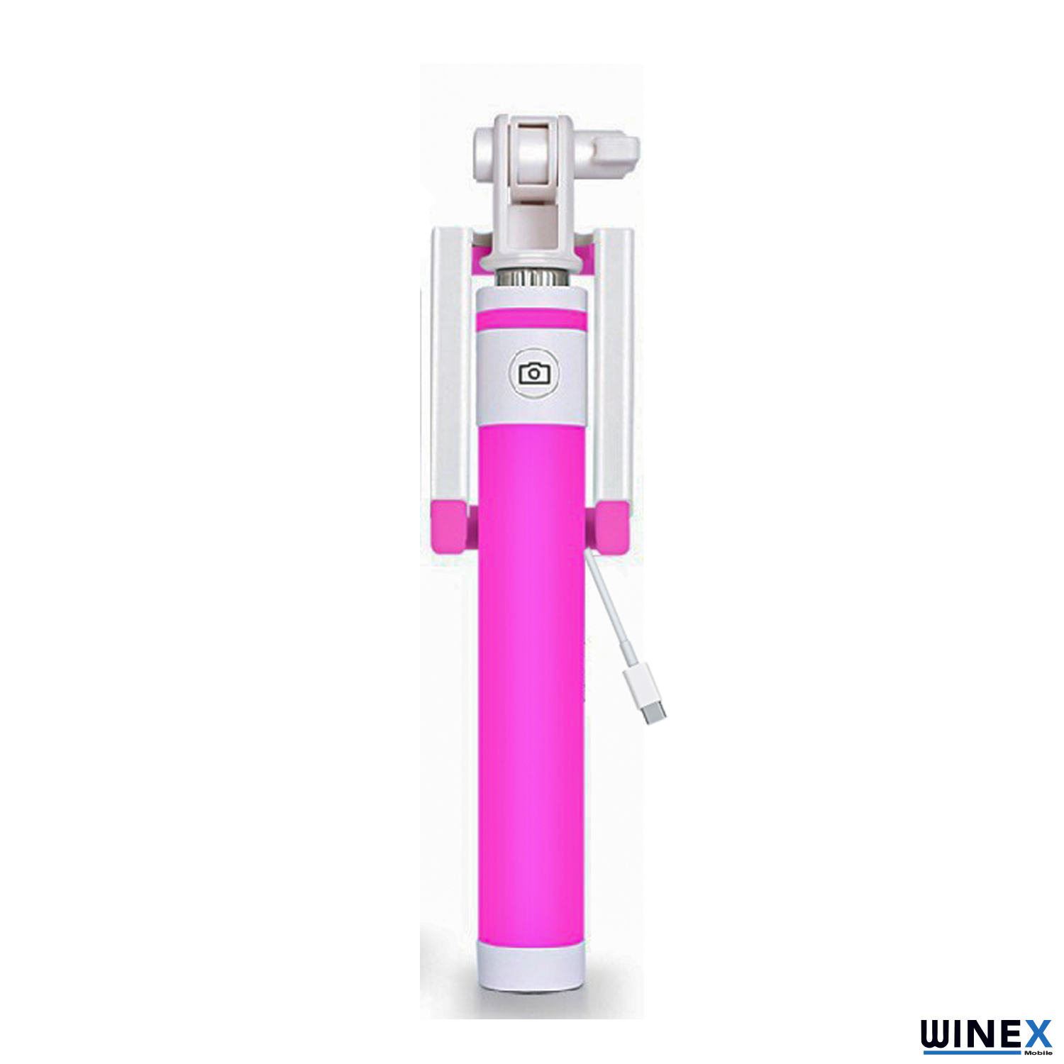 Akıllı telefonlar için beyaz saplı ve USB kablolu pembe selfie çubuğu.