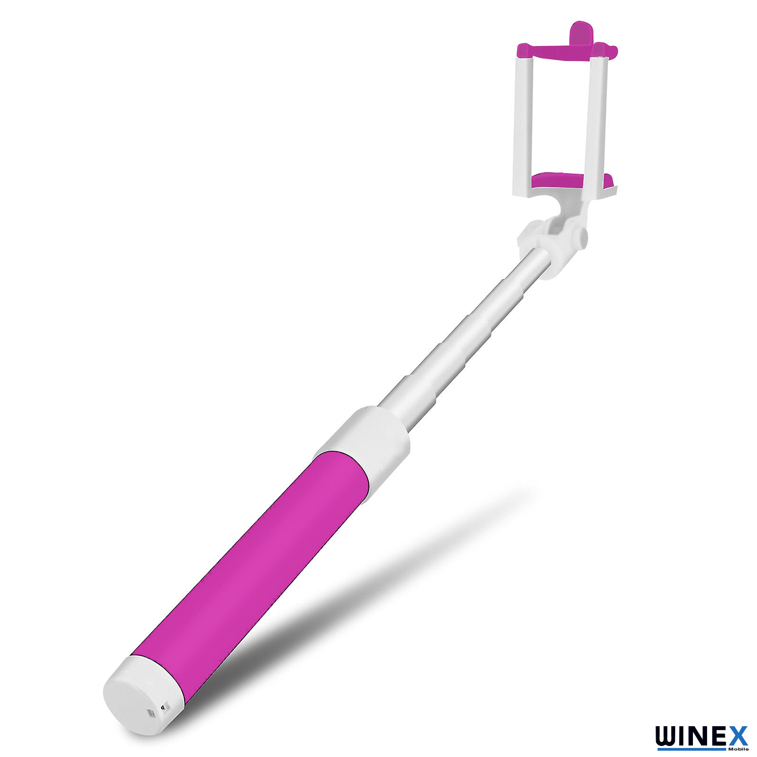 Pembe ve beyaz selfie çubuğu telefon tutucu ile beyaz arka plan üzerinde gösteriliyor.