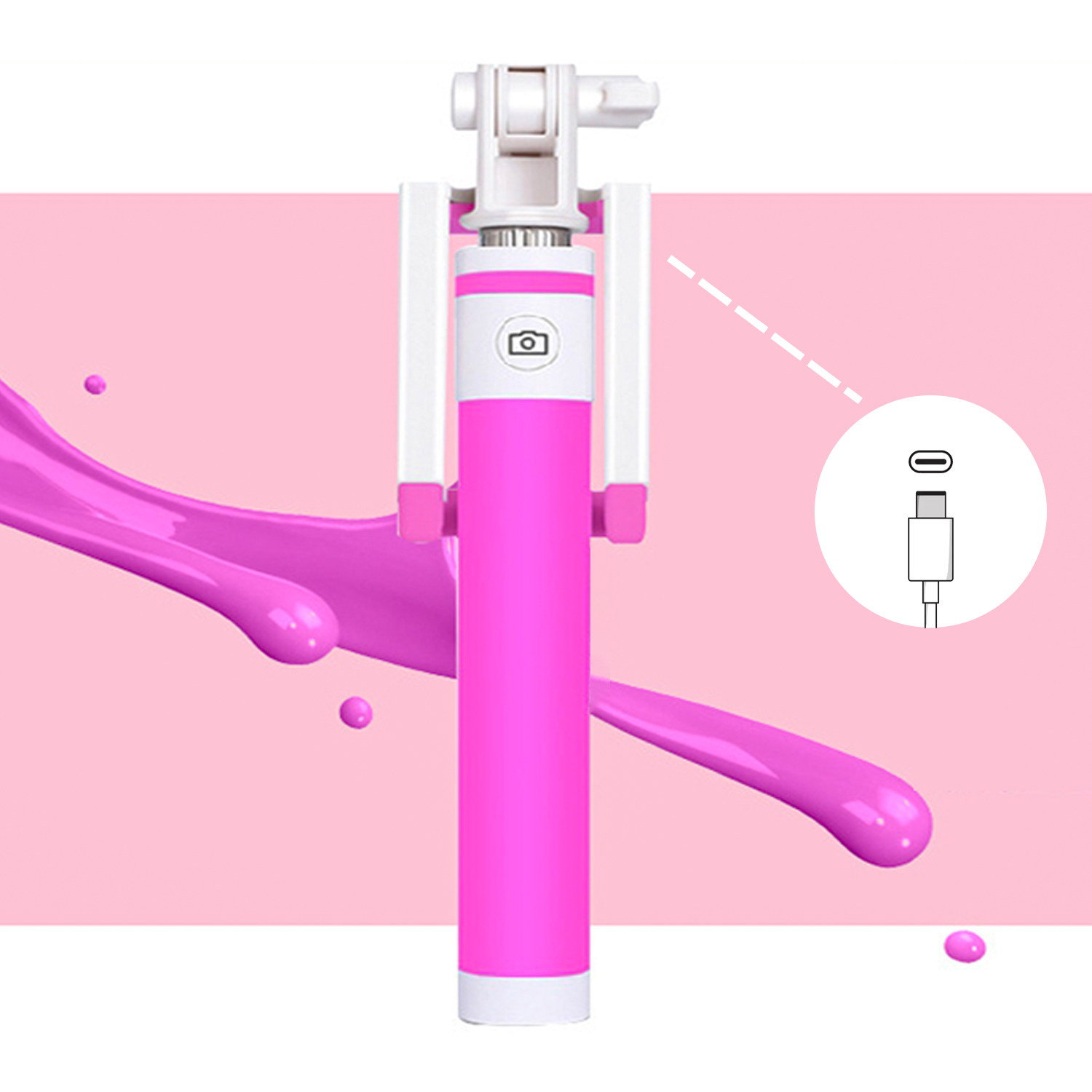 Beyaz tutamaçlı ve kamera yuvalı pembe selfie çubuğu. USB-C bağlantı noktası gösteriliyor.