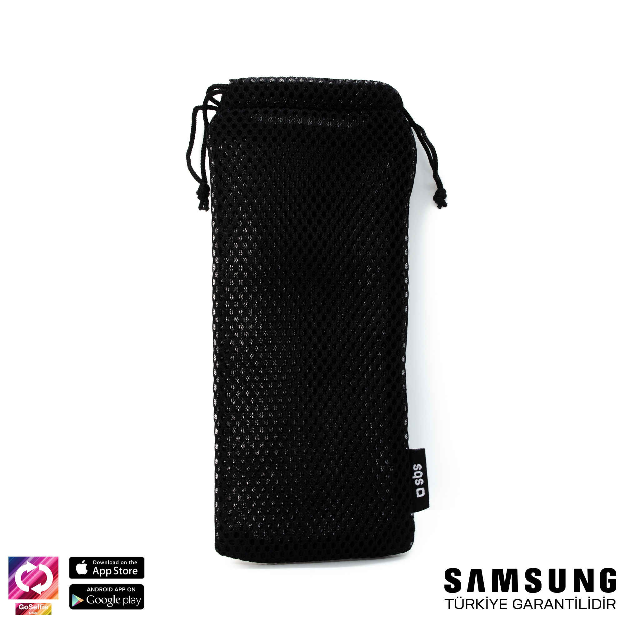 Siyah file büzgülü çanta, uygulama mağazası logoları ve Samsung logosu.