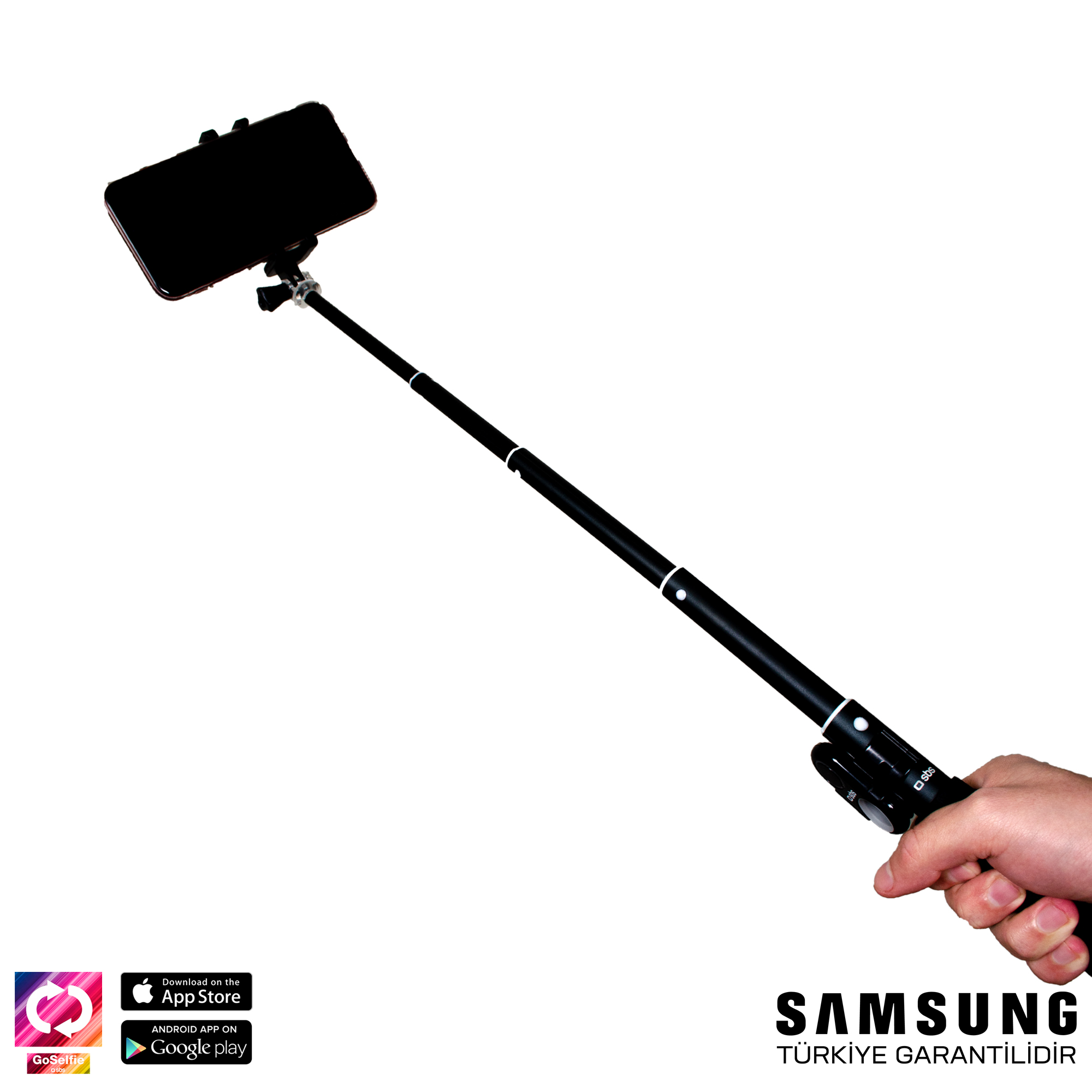 Bir el tarafından tutulan akıllı telefona sahip siyah selfie çubuğu.