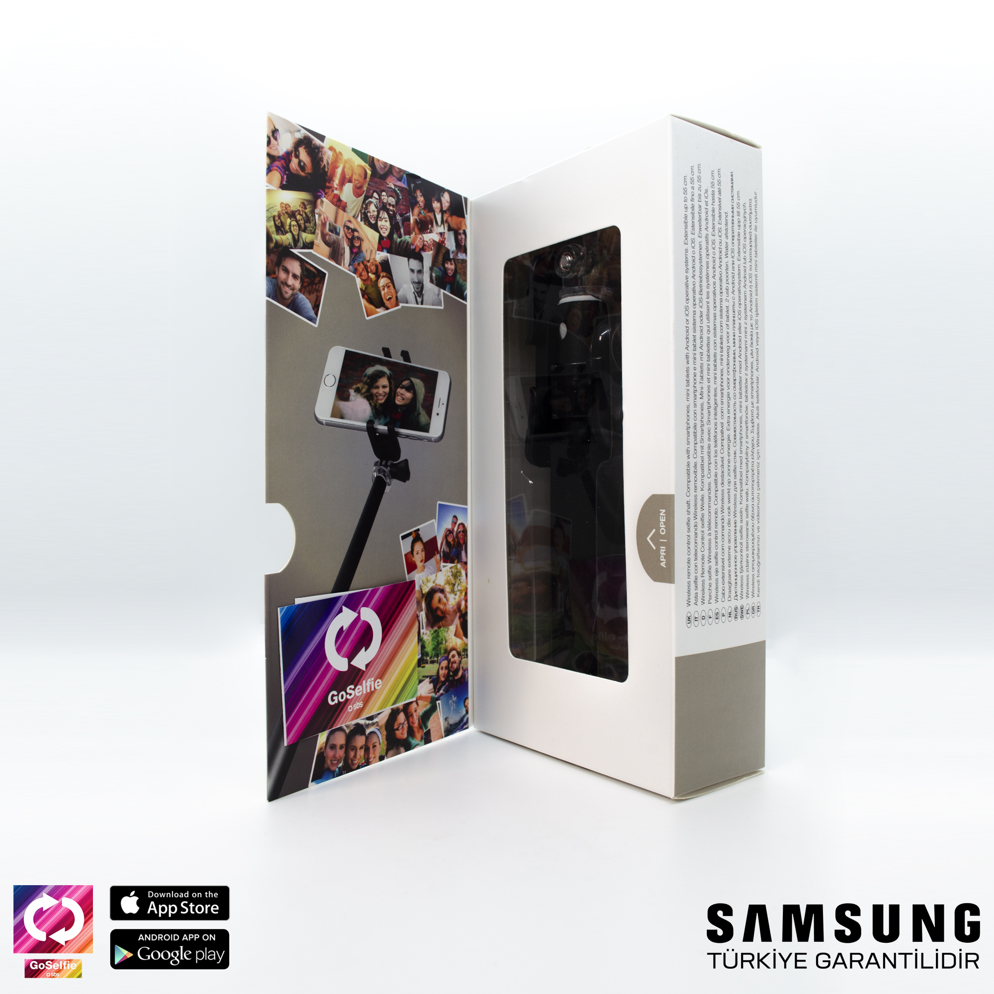 Selfie çubuğu, telefon ve uygulama simgeleri içeren paket. Samsung logosu.