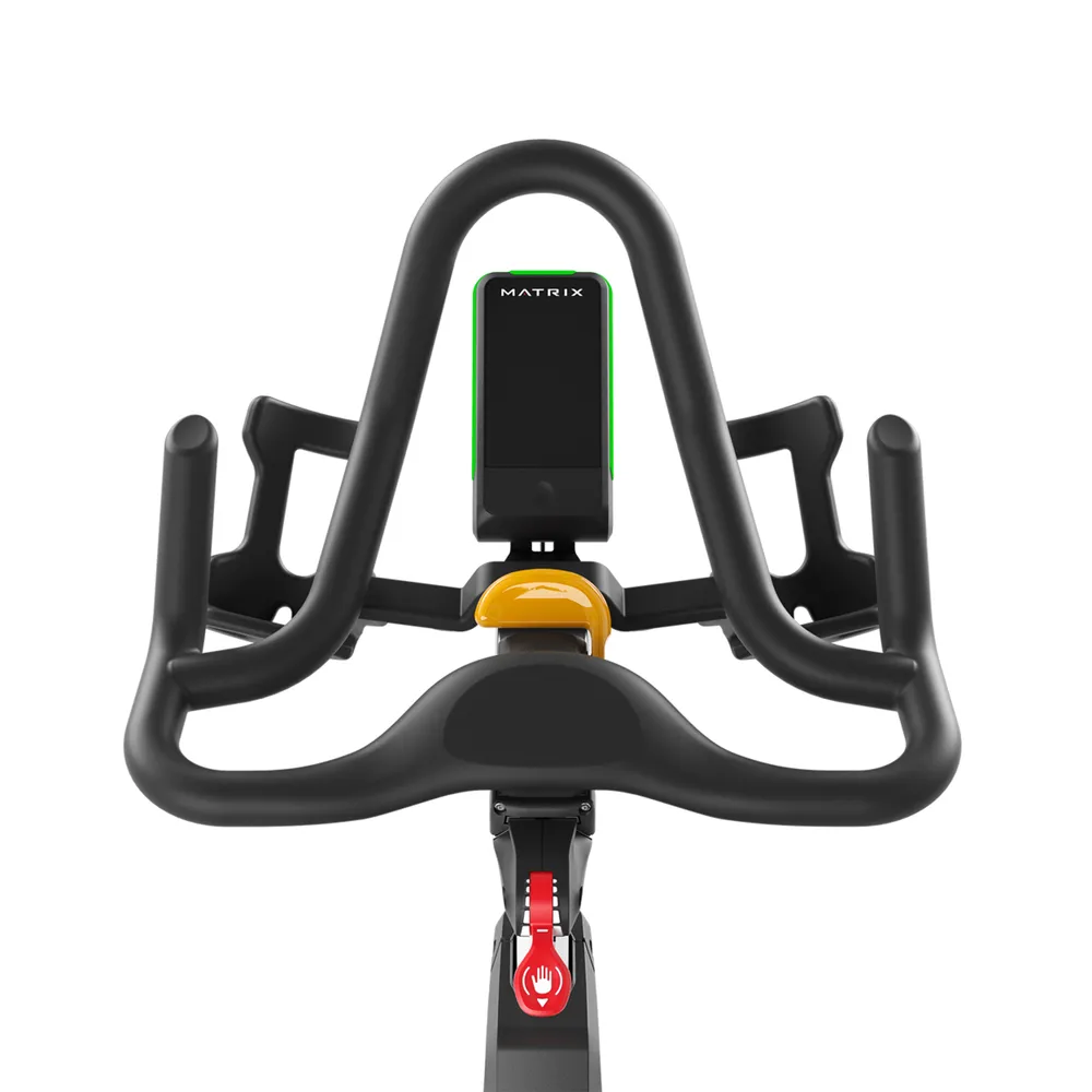 Ein schwarzer Fahrradlenker mit einem grünen Display und gelbem Hebel.