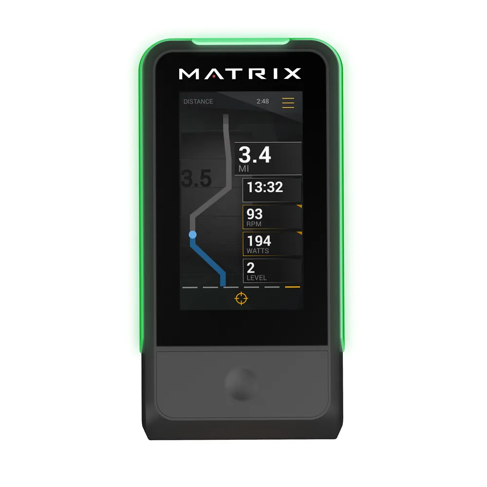 Matrix-Fahrradcomputer mit grüner Beleuchtung, zeigt 3,4 Meilen, 13:32 Zeit, 93 U/min, 194 Watt, Stufe 2.