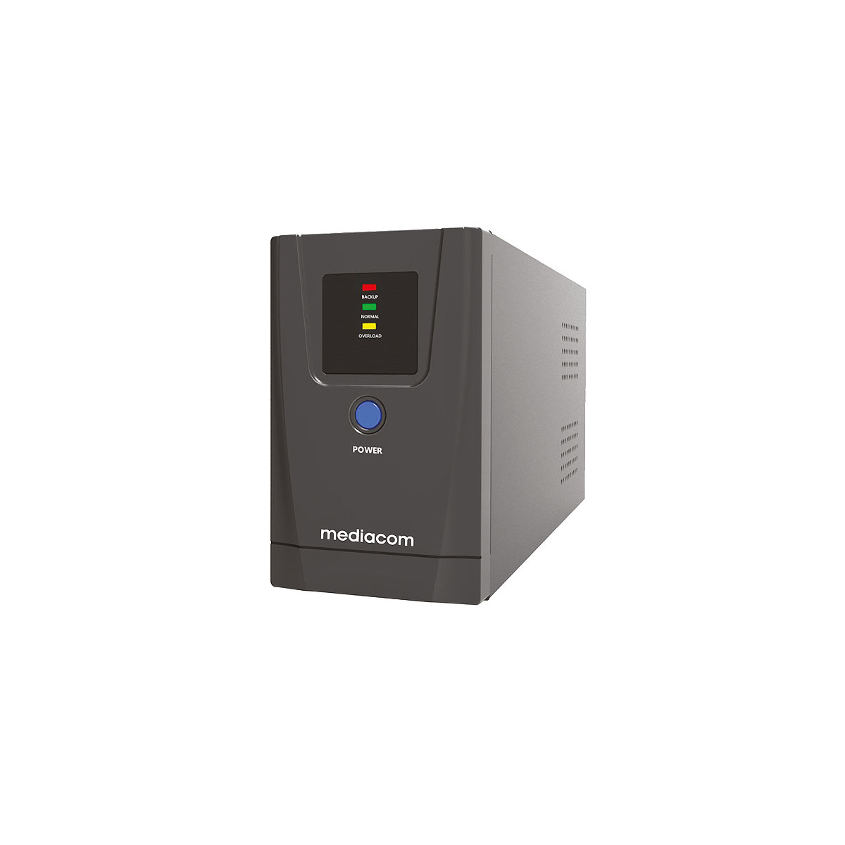 Un'unità UPS Mediacom grigia con pulsante di accensione blu e spie luminose.