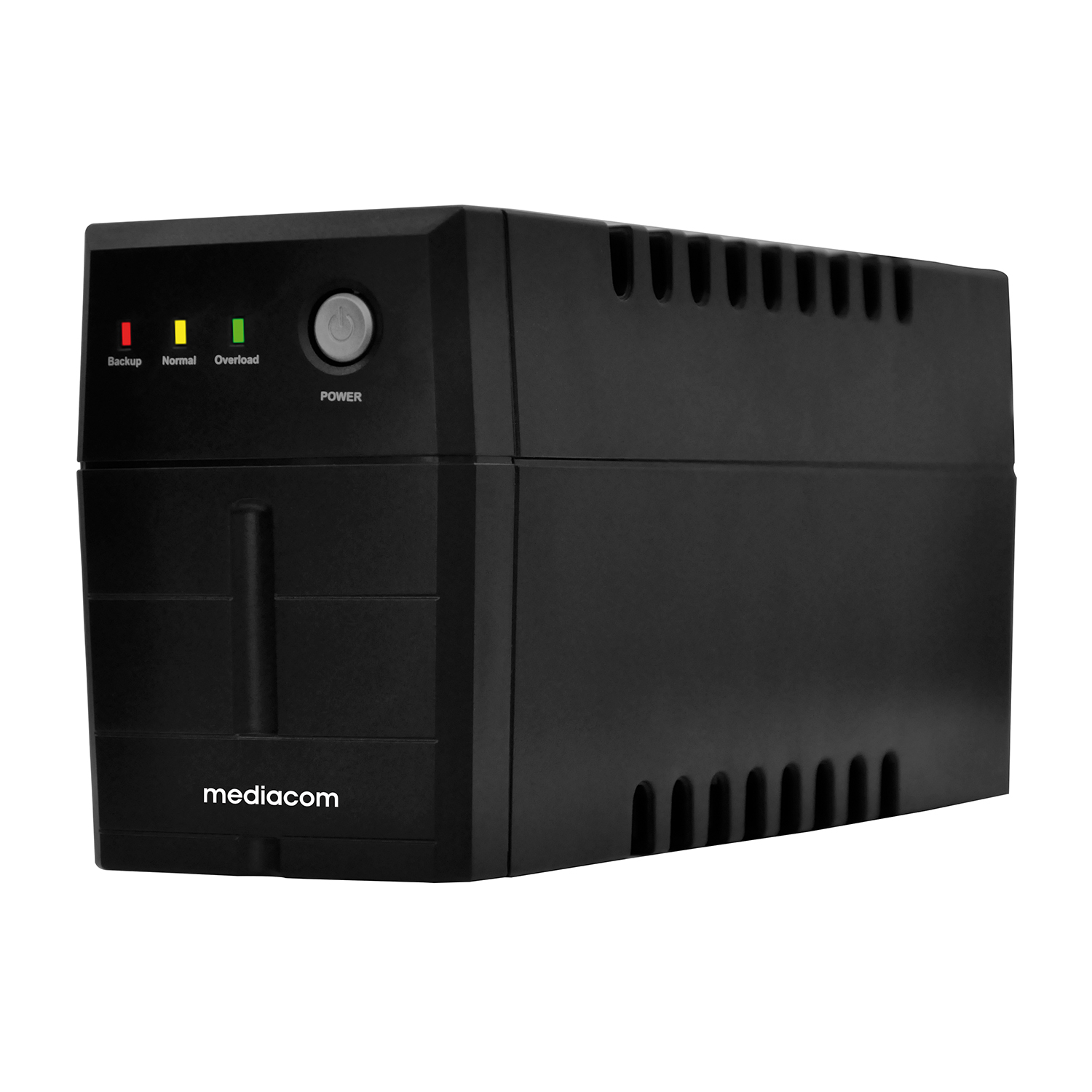 UPS Mediacom nero con luci di stato rosse, gialle, verdi e pulsante di accensione.