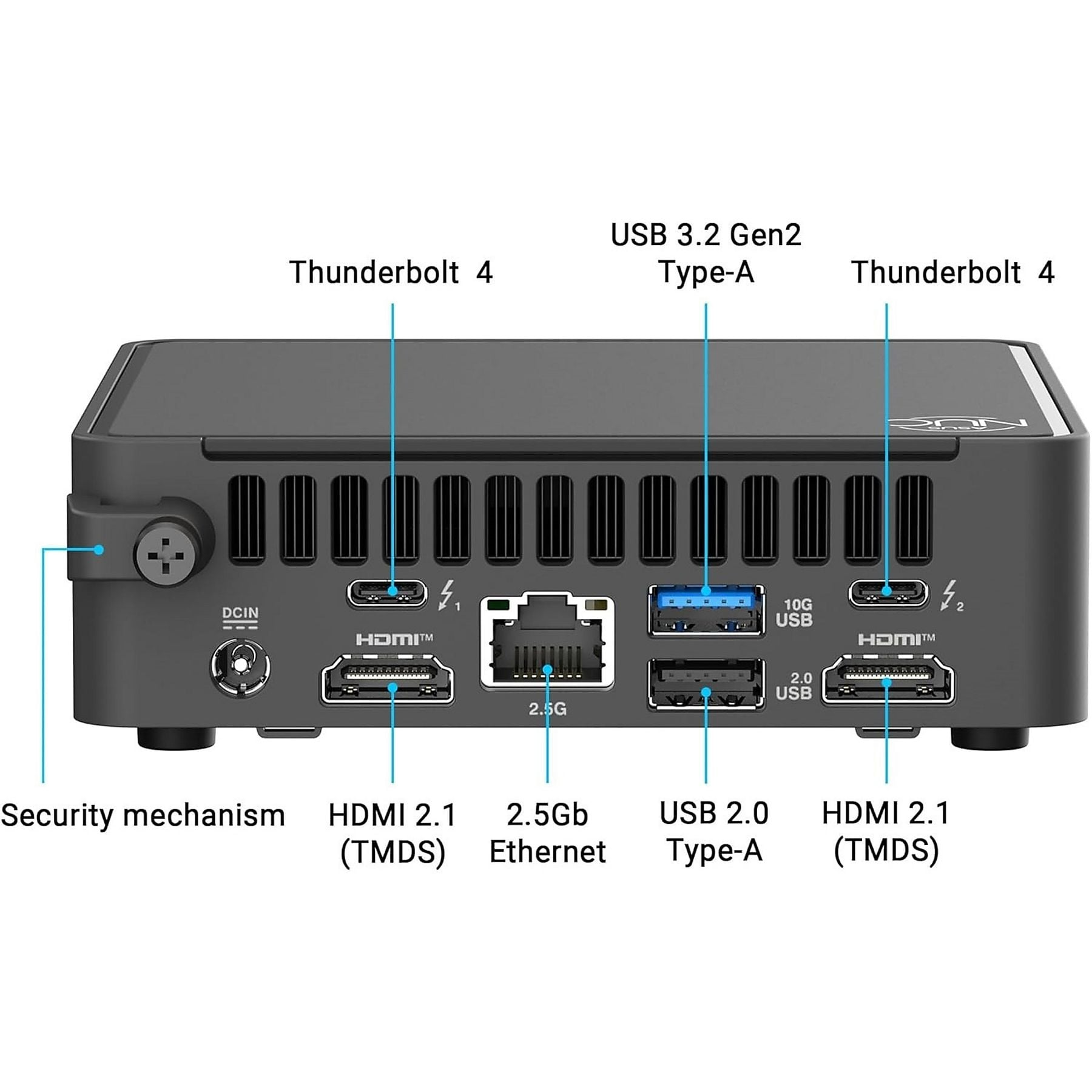 Czarny mini PC z portami: DCIN, 2x HDMI 2.1, Ethernet 2.5Gb, 2x USB 2.0, 1x USB 10G, 1x USB 3.2 Gen2, 2x Thunderbolt 4.