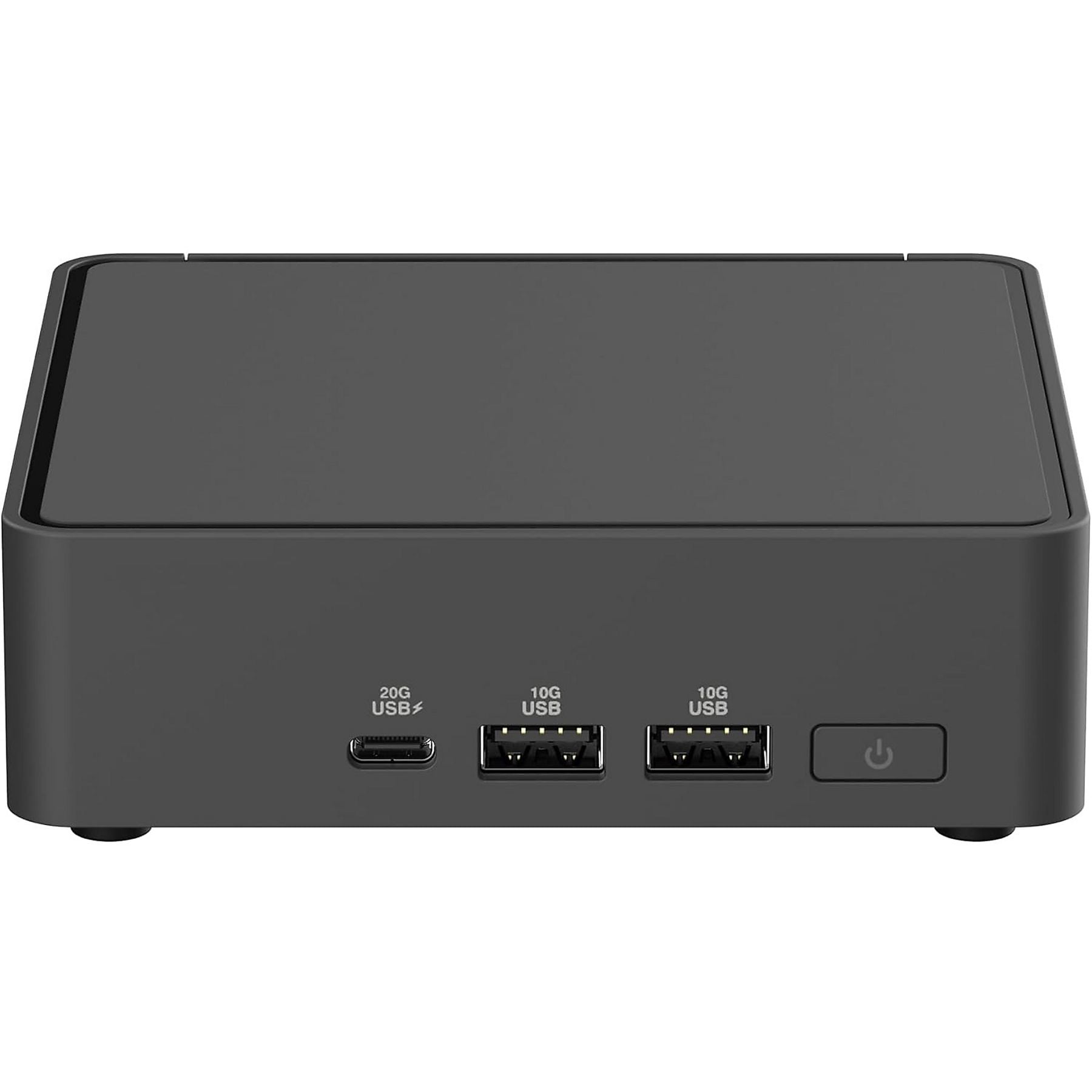 Czarny, kompaktowy sprzęt z jednym portem USB-C, dwoma USB-A i przyciskiem zasilania.