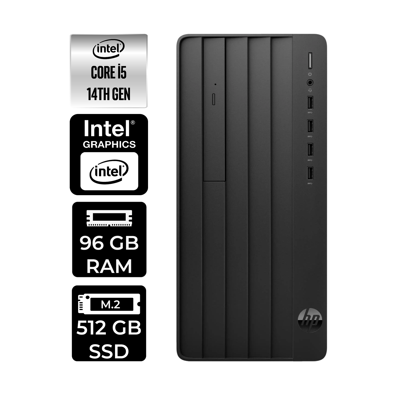 Intel Core i5 14. Nes, 96 GB RAM, 512 GB SSD'li siyah HP masaüstü kulesi.