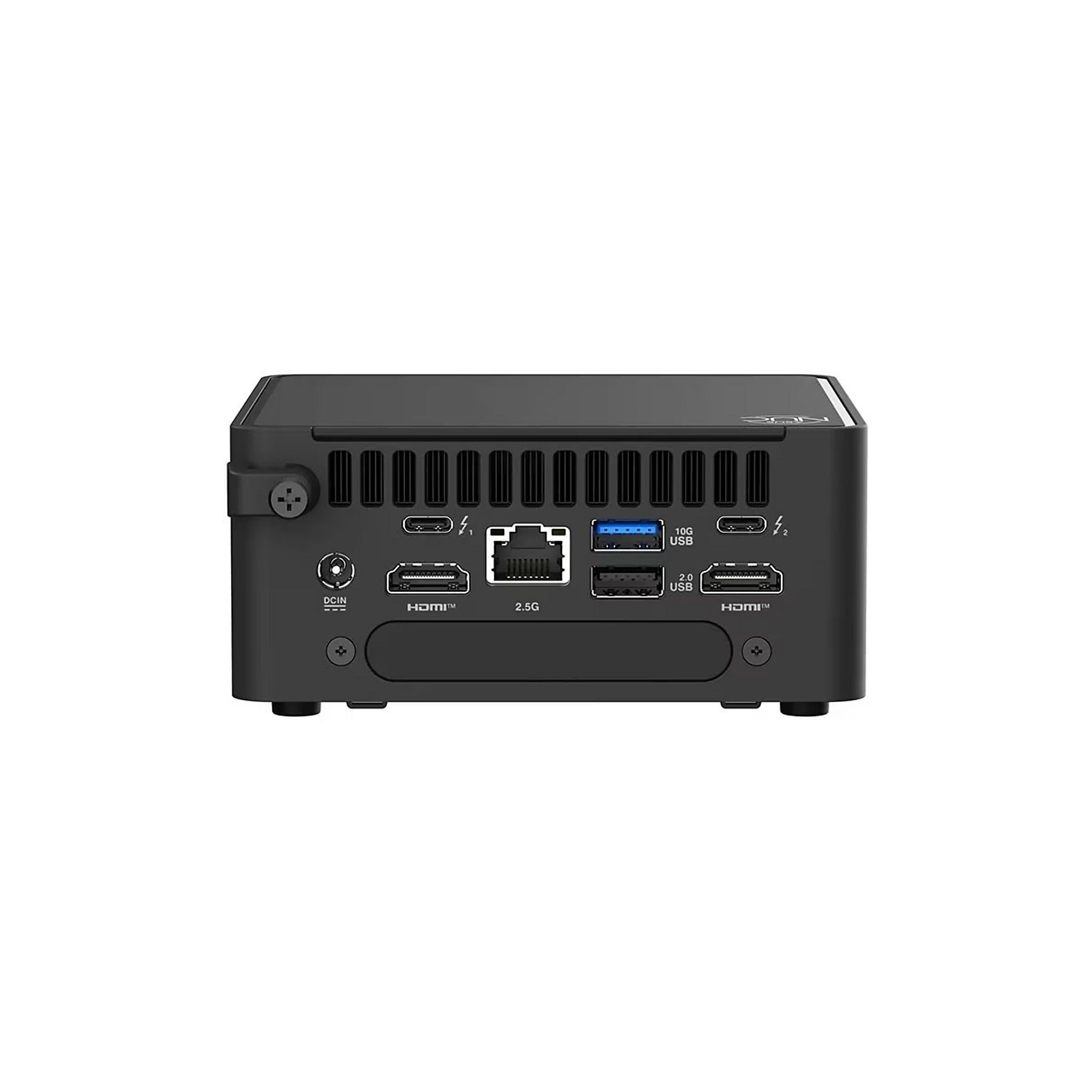 Czarny mini PC z portami: DCIN, 2x HDMI, Ethernet 2.5G, 1x USB 10G, 1x USB 2.0.