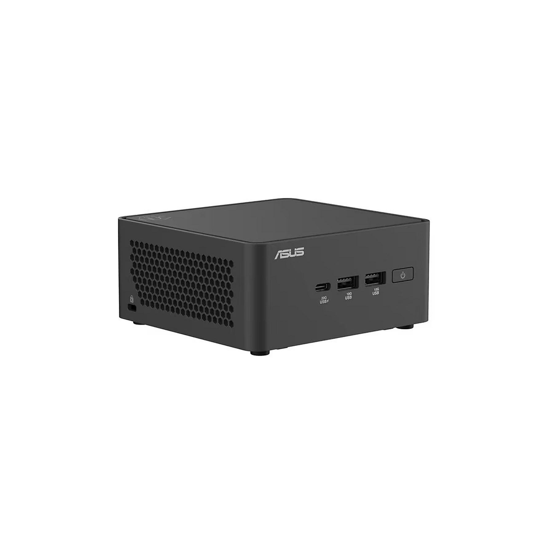 Czarny Mini PC ASUS z otworami wentylacyjnymi i portami z przodu.