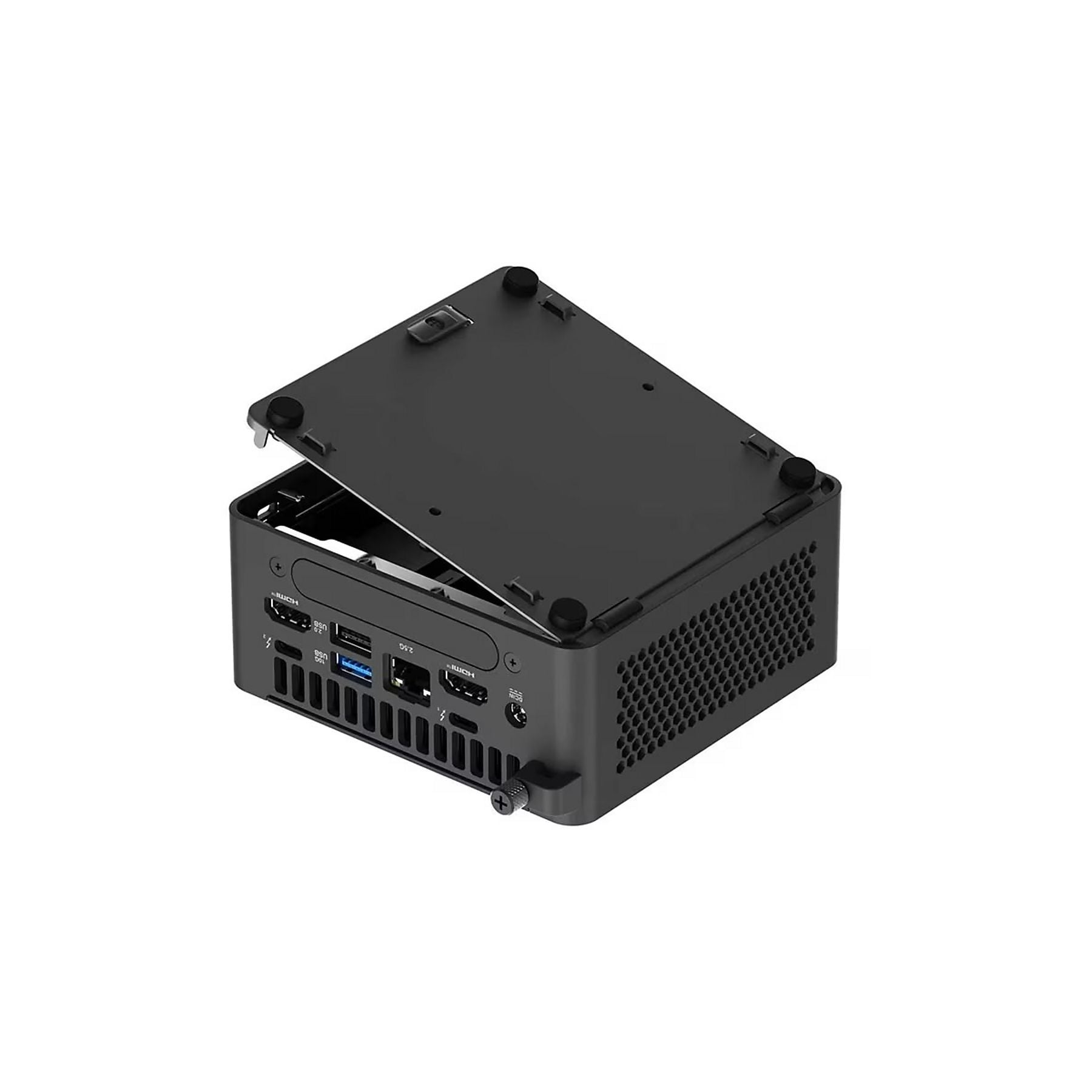 Czarny mini PC z otwartą pokrywą, odsłaniającą porty z przodu.