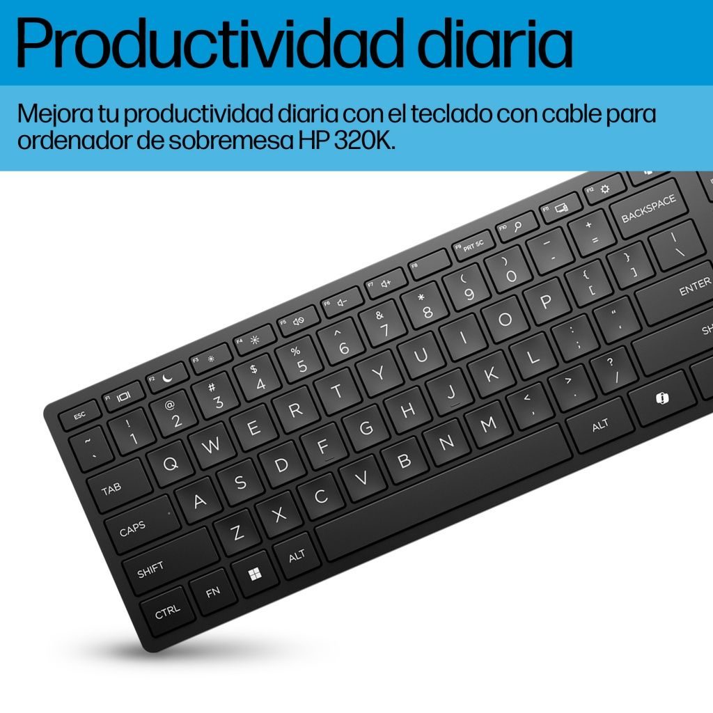 Teclado negro HP 320K con cable, vista cercana de las teclas.