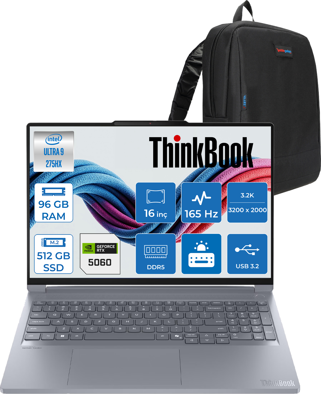Özellikleri olan gri bir ThinkBook dizüstü bilgisayar ve yanında siyah bir sırt çantası.