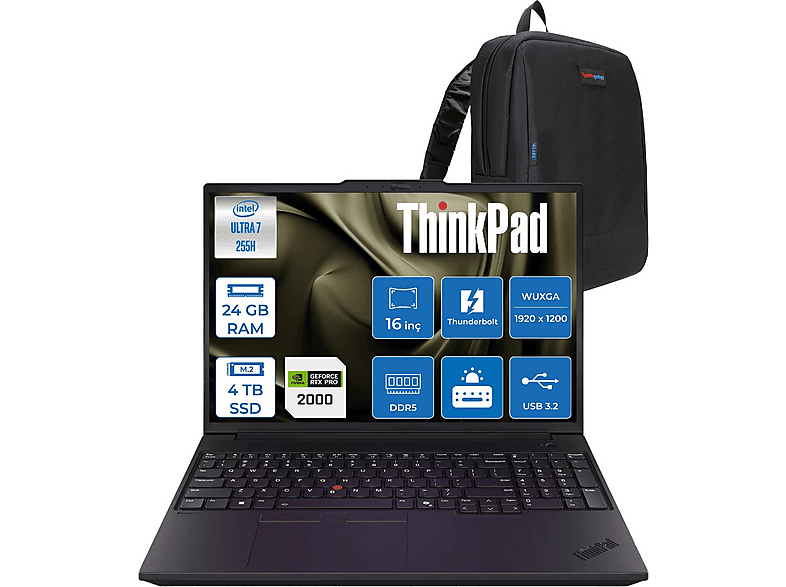 LENOVO ThinkPad P16V Gen3 8GB RTX Pro 2000 IPS 21RS000BTXF08 Intel Ultra 7 255H 24 GB RAM 4 TB SSD 16 inç FreeDOS Laptop+Çanta Siyah
