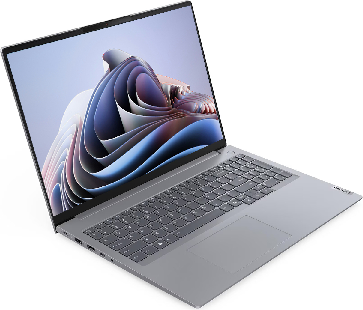Ekranında soyut duvar kağıdı olan gri bir Lenovo dizüstü bilgisayar.