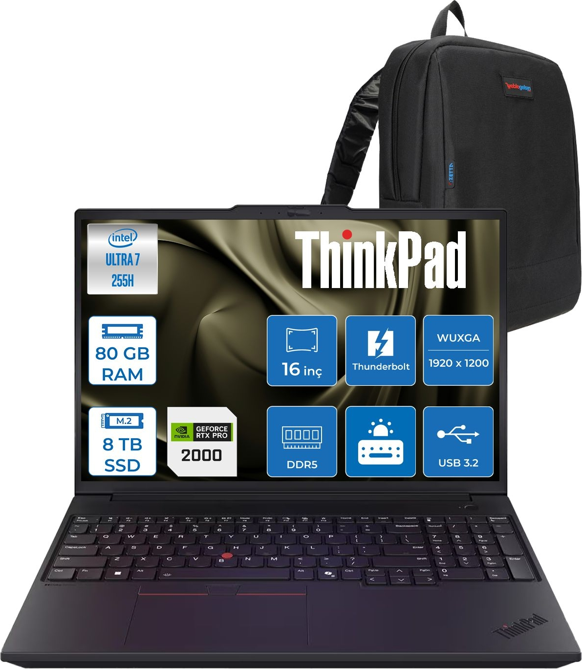 80 GB RAM, 8 TB SSD, Intel Ultra 7 özellikli siyah ThinkPad dizüstü bilgisayar.