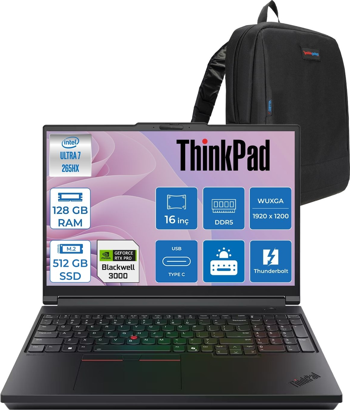 Intel Ultra 7, 128 GB RAM, 512 GB SSD, RTX Pro GPU'lu siyah ThinkPad laptop. Arkada sırt çantası.