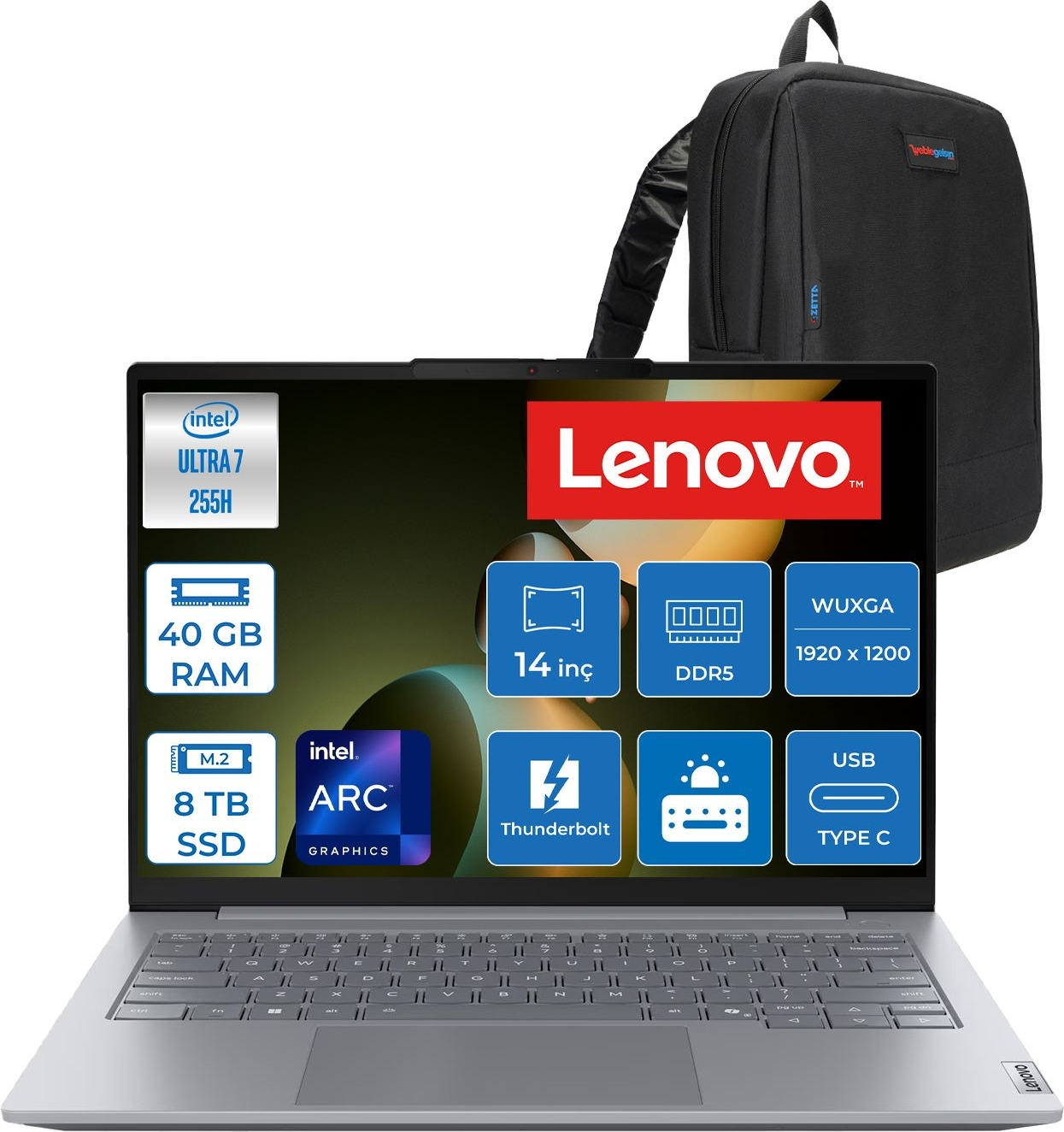 LENOVO ThinkBook 14 G8 LAL DDR5 Wuxga IPS 21SJ007ATXF28 Intel Ultra 7 255H 40 GB RAM 8 TB SSD 14 inç FreeDOS Laptop+Çanta Gri