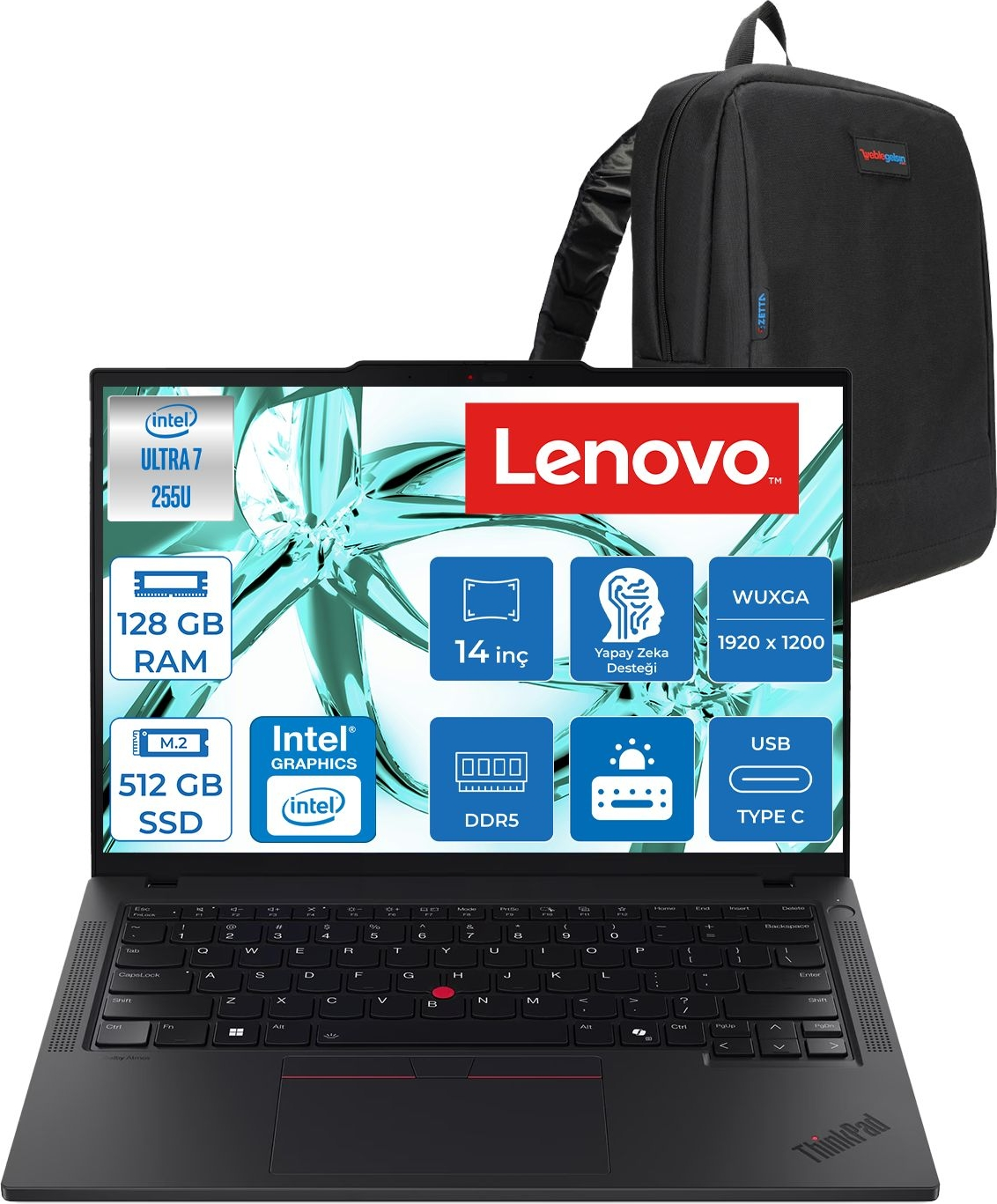 LENOVO ThinkPad T14 G6 DDR5 Wuxga IPS 21QC00CKTXF42 Intel Core Ultra 7 255U 128 GB RAM 512 GB SSD 14 inç FreeDOS Laptop+Çanta Siyah