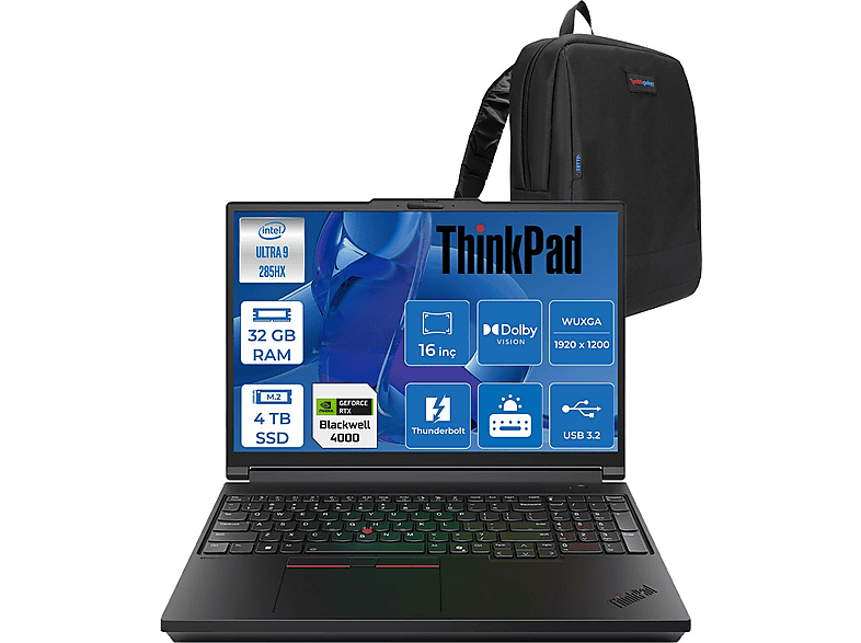 LENOVO ThinkPad P16 Gen3 DDR5 16GB RTXPRO4000 21RRS0LC00F12 Intel Core Ultra 9 285HX 32 GB RAM 4 TB SSD 16 inç FreeDOS Laptop+Çanta Siyah