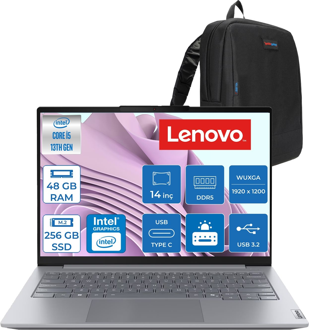 LENOVO ThinkBook 14 G8 DDR5 Wuxga IPS 21SG00L8TXF29 Intel Core i5-13420H 48 GB RAM 256 GB SSD 14 inç FreeDOS Laptop+Çanta Gri
