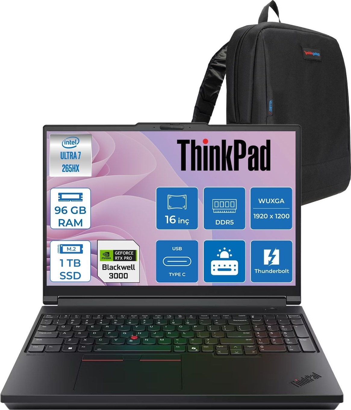 Intel Ultra 7, 96 GB RAM, 1 TB SSD'li siyah dizüstü bilgisayar ve siyah sırt çantası.