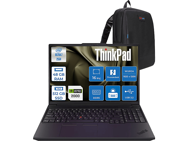 LENOVO ThinkPad P16V Gen3 8GB RTX Pro 2000 IPS 21RS000BTXF17 Intel Ultra 7 255H 48 GB RAM 512 GB SSD 16 inç FreeDOS Laptop+Çanta Siyah