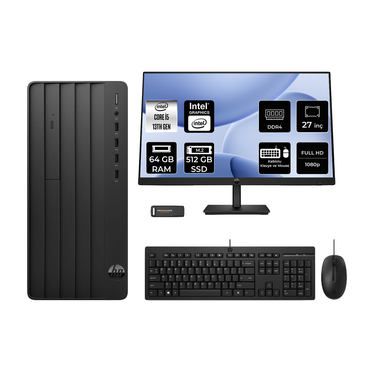 HP Pro Tower 290 G9 27" PER4 Bellek B70VKATPN793 Intel Core i5-13500 64 GB RAM 512 GB SSD FreeDOS Masaüstü Bilgisayar