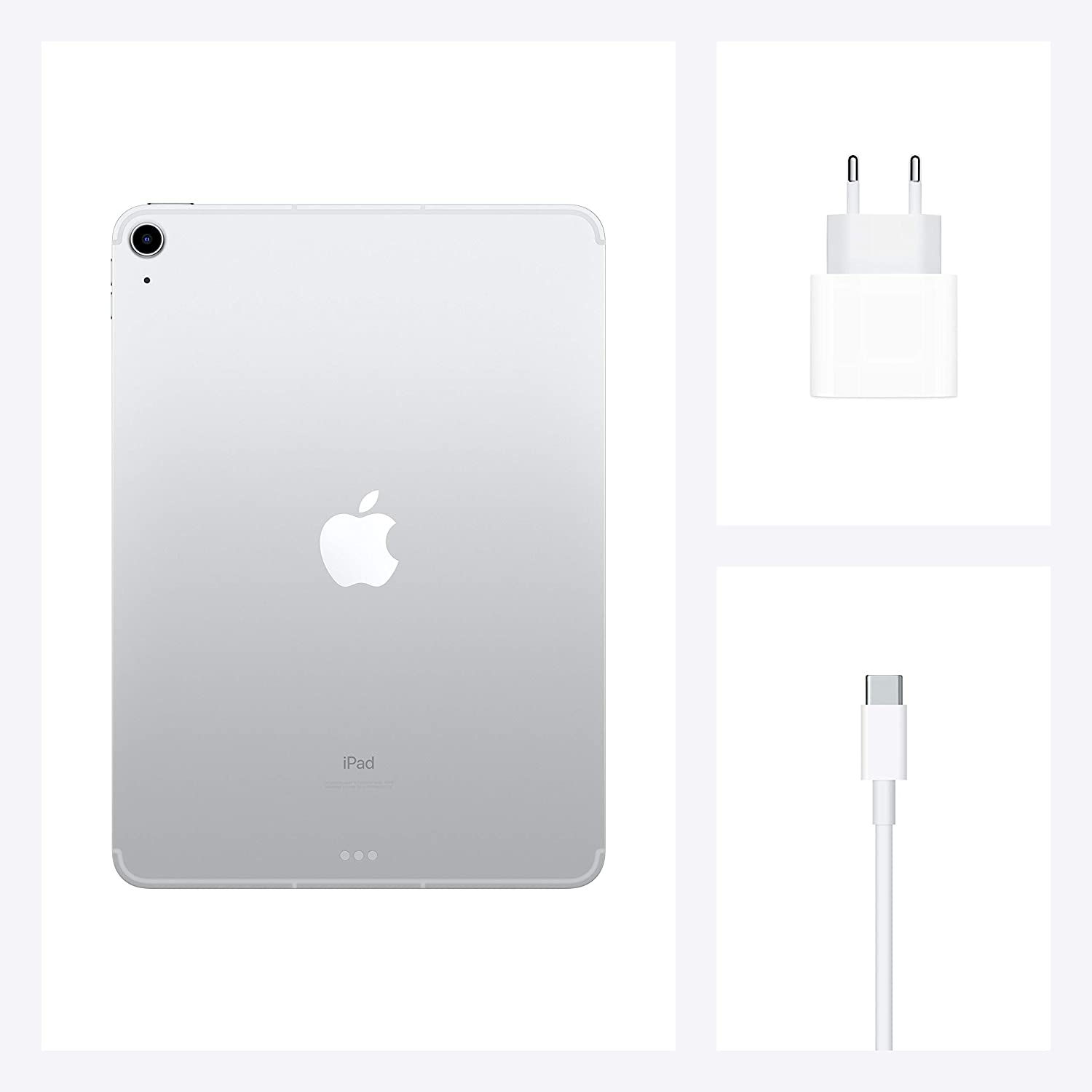 iPad plateado con cargador y cable USB-C.