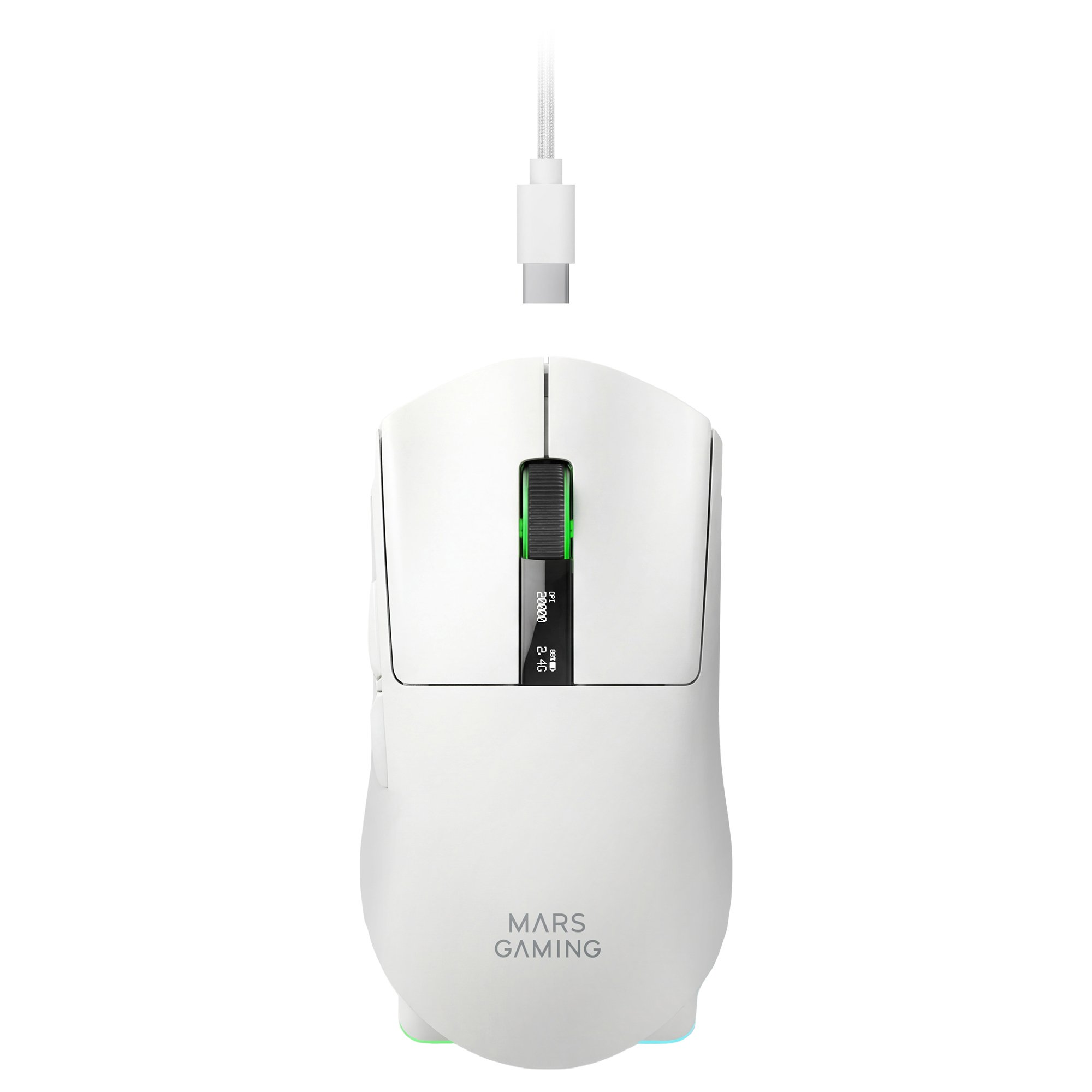 Ratón gaming blanco con rueda de scroll verde y cable USB-C.