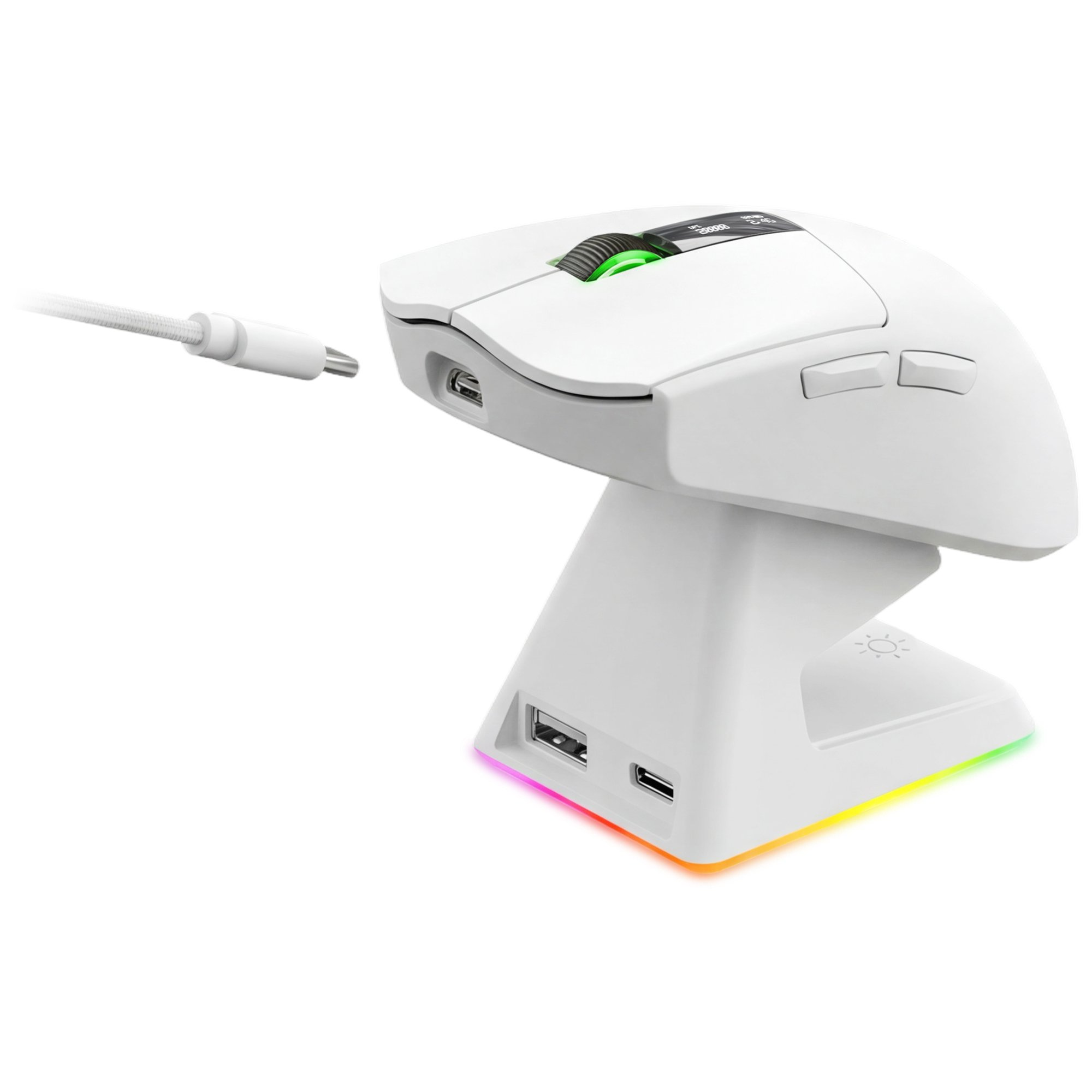 Ratón gaming blanco en base de carga con puertos USB e iluminación RGB.