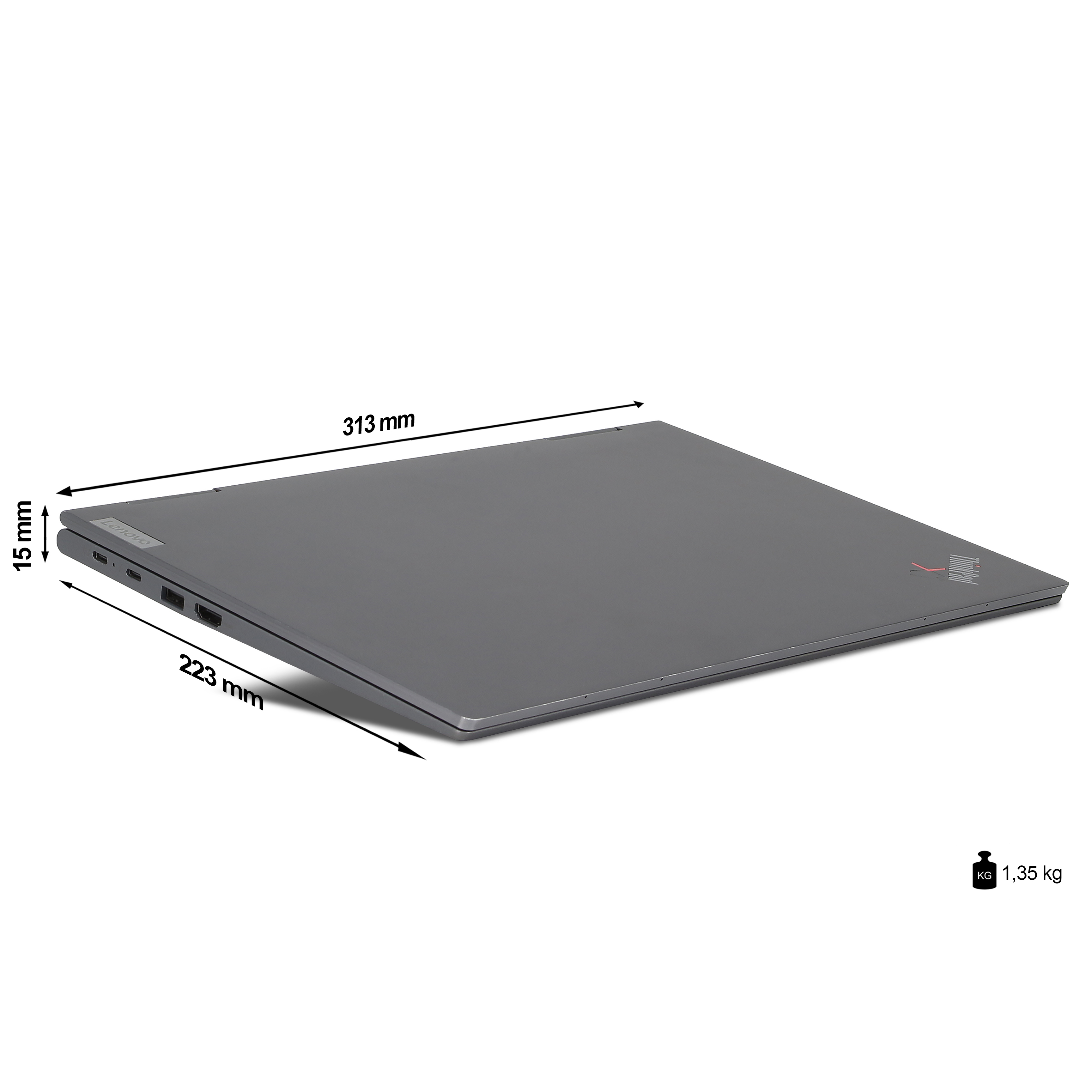 Laptop grigio chiuso, dimensioni 313x223x15mm, peso 1,35kg.