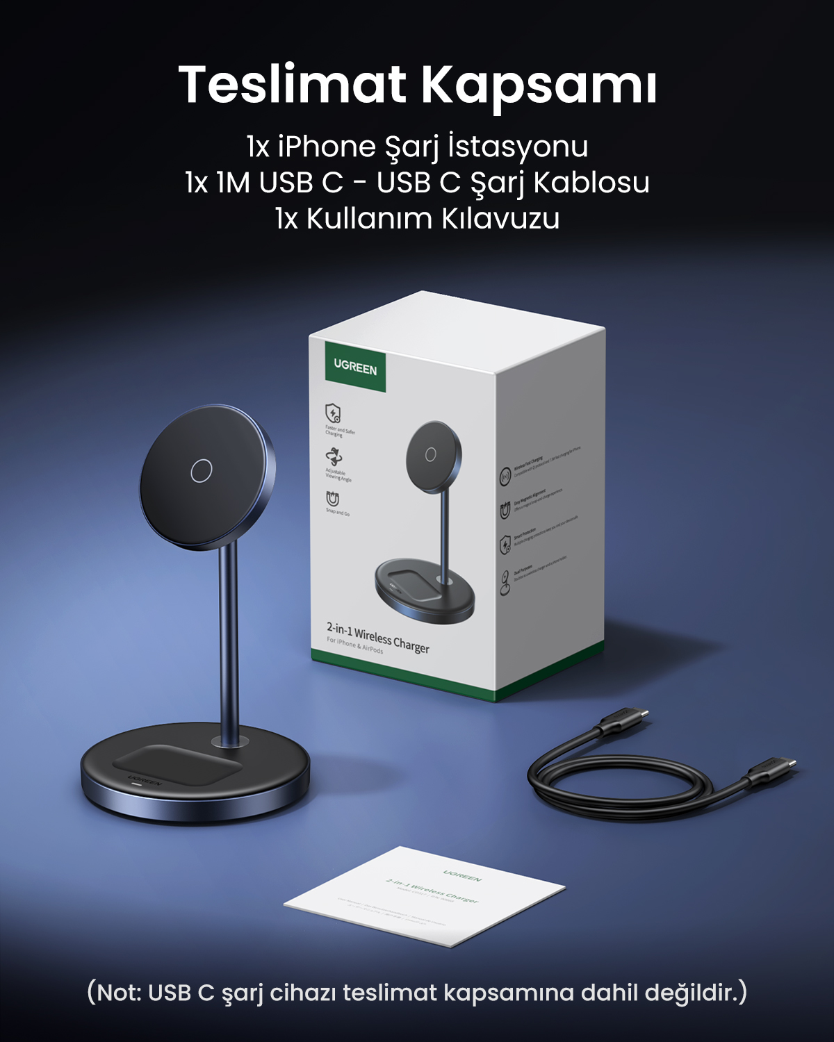 USB-C kablolu ve kılavuzlu siyah iPhone kablosuz şarj cihazı.