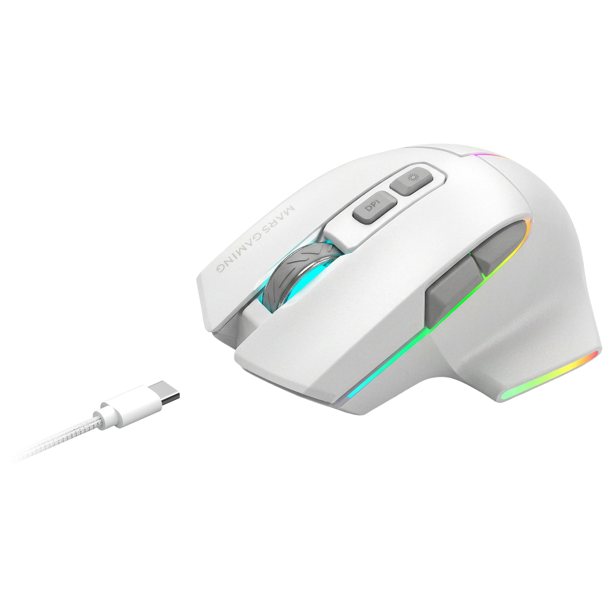 Un mouse da gioco bianco con illuminazione RGB e cavo USB-C.
