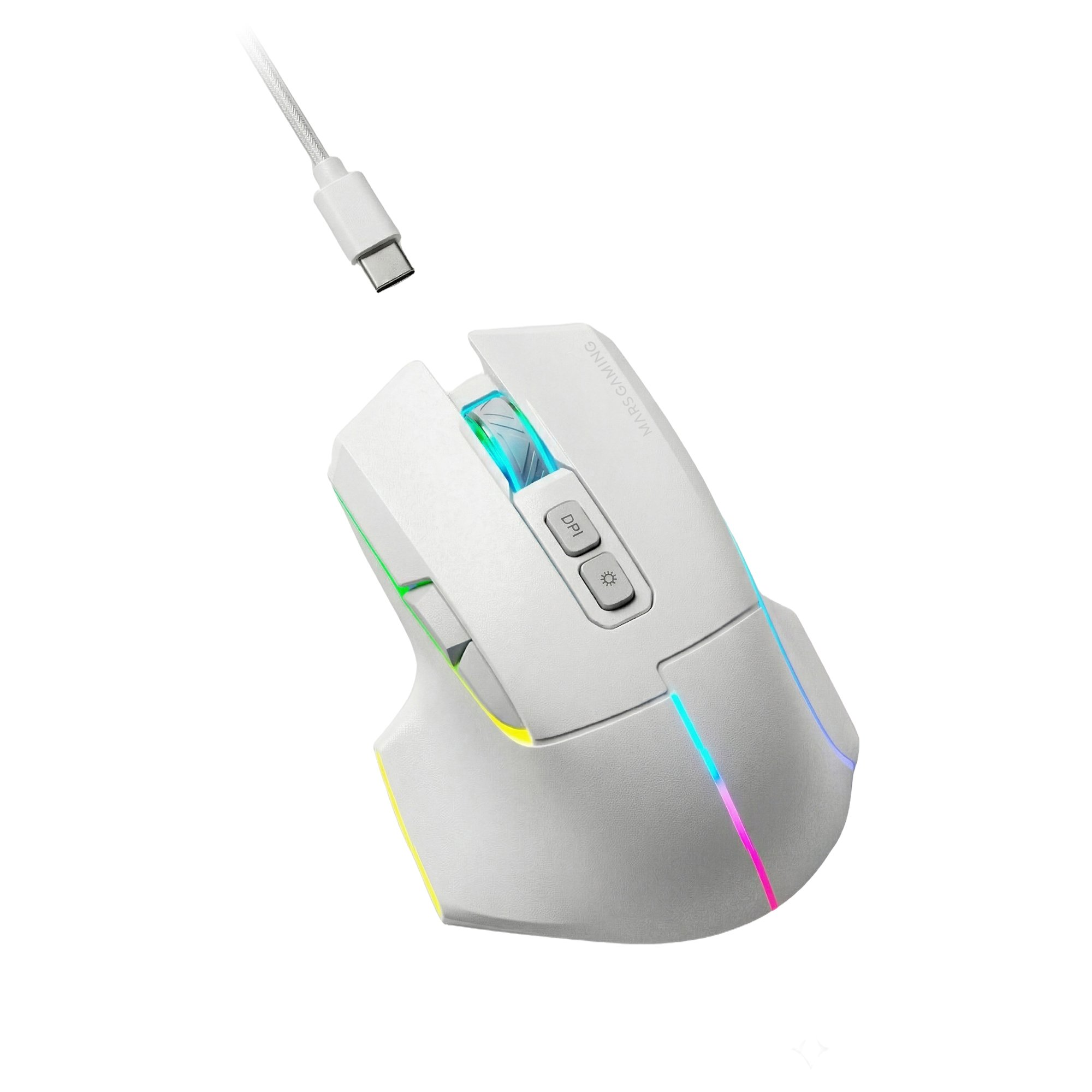 Un mouse da gaming bianco con illuminazione RGB e cavo USB-C.
