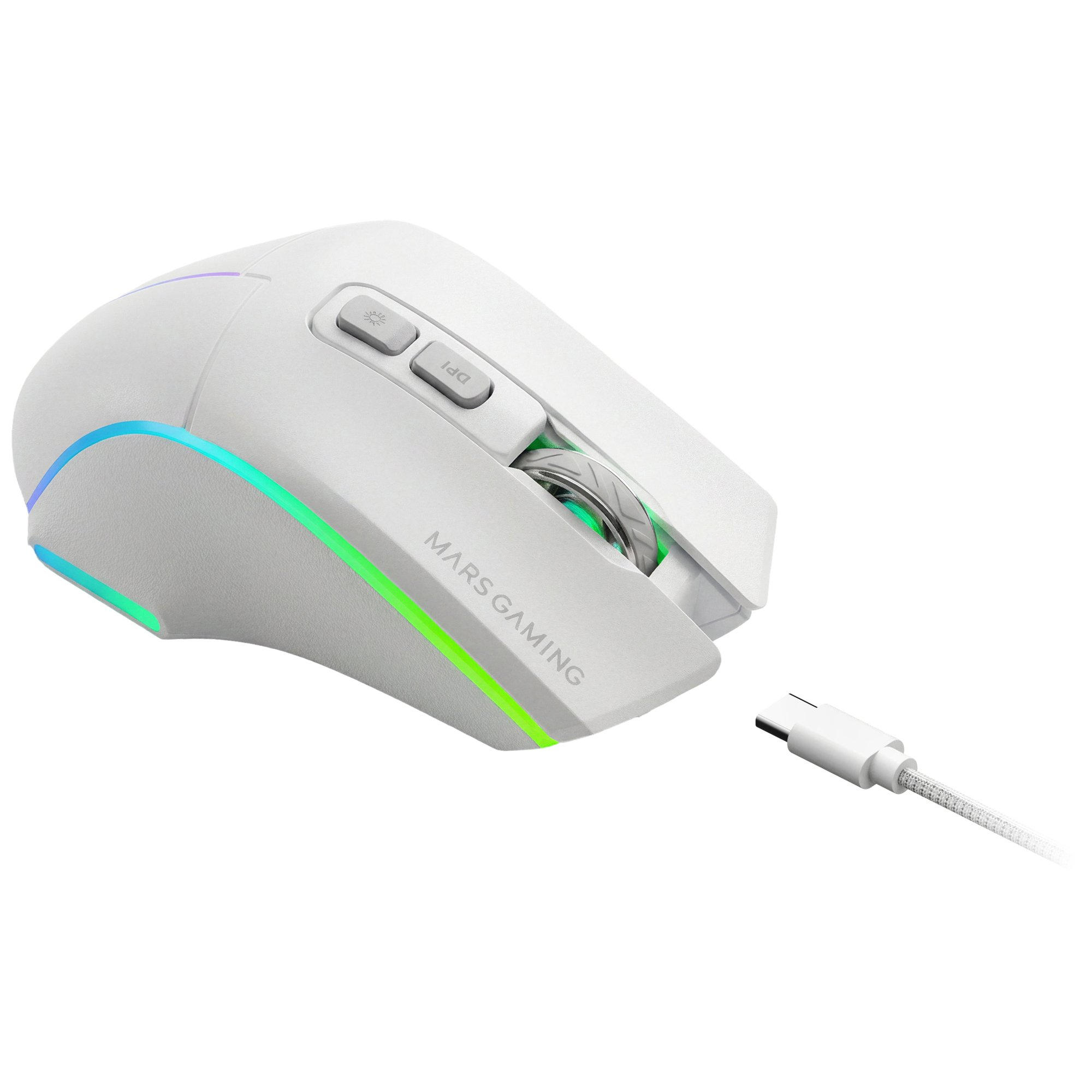 Mouse gaming bianco con illuminazione RGB e cavo USB-C.