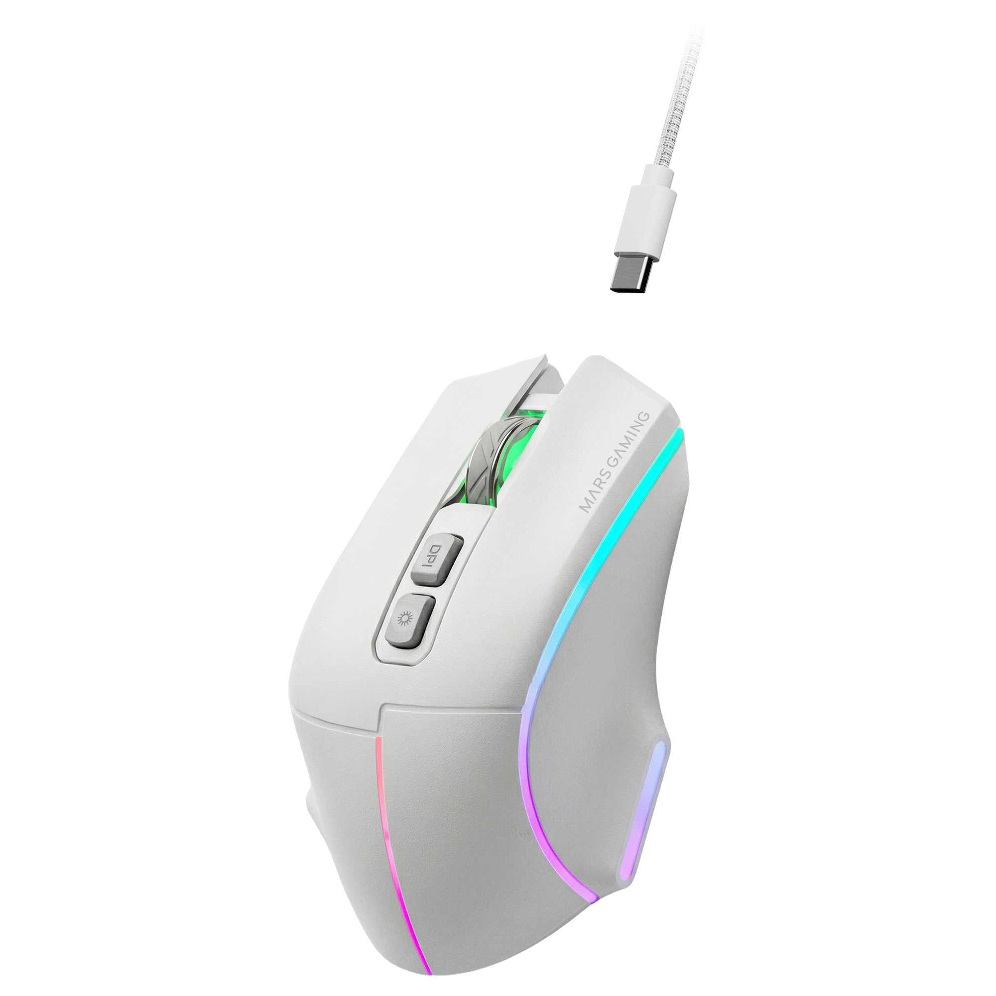 Mouse da gaming bianco con illuminazione RGB e cavo USB-C.
