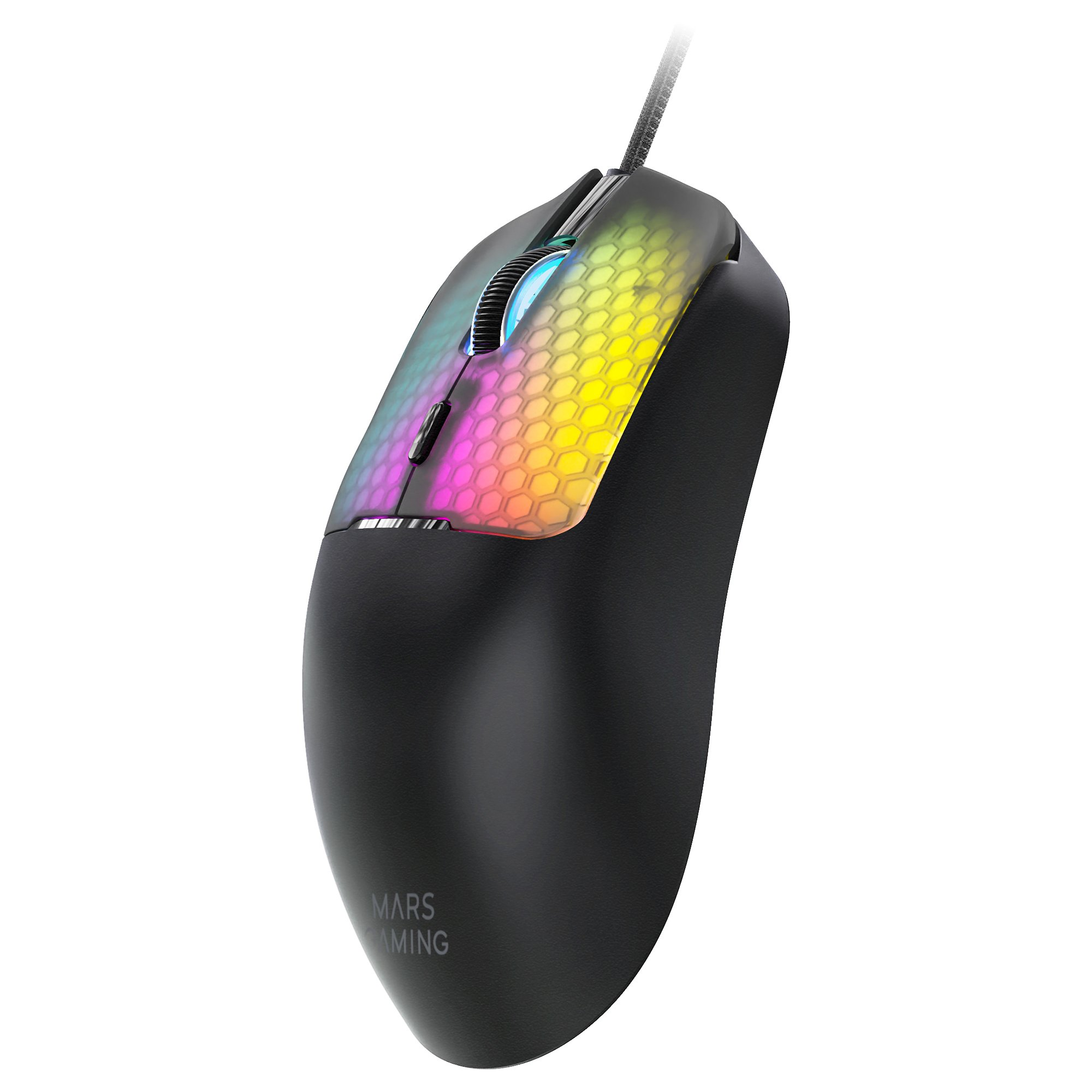 Ratón gaming negro con iluminación RGB, patrón de panal y cable.