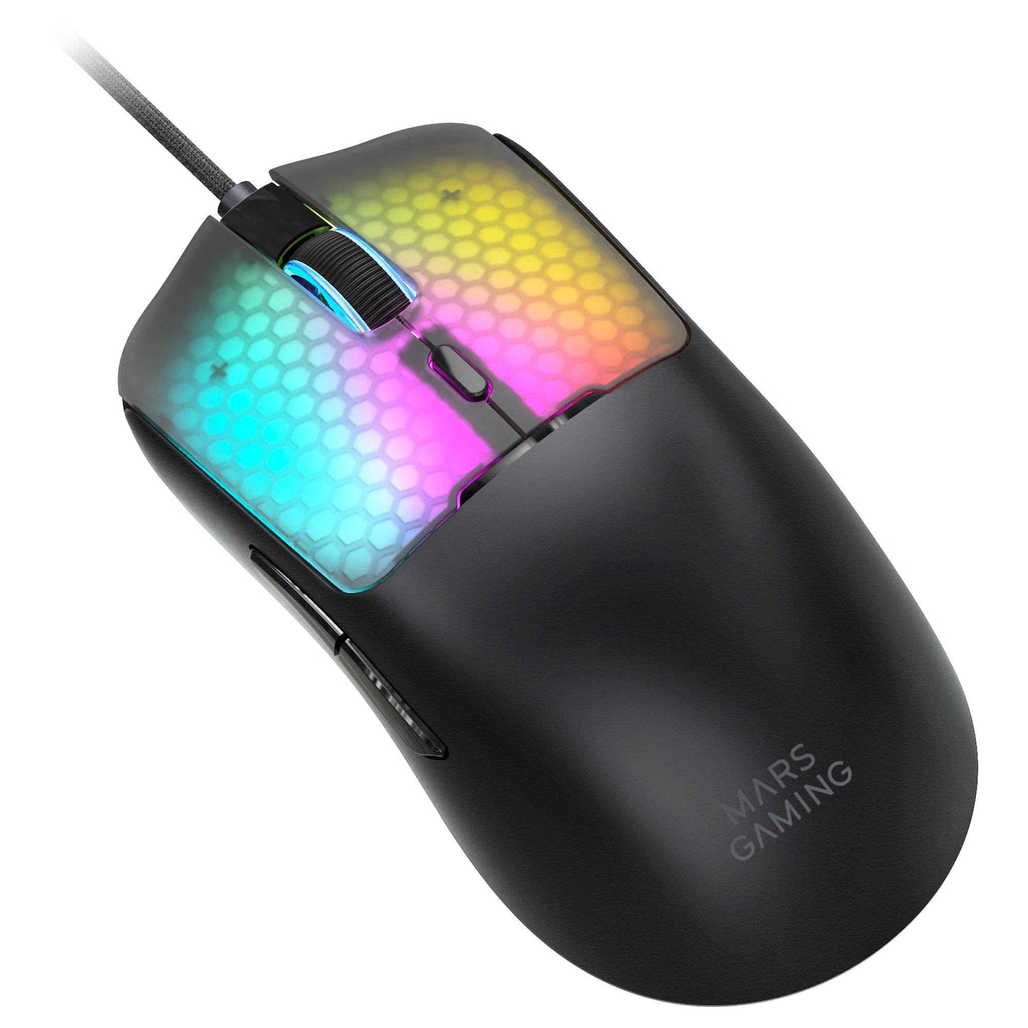 Ratón gaming negro con iluminación RGB y patrón de panal.