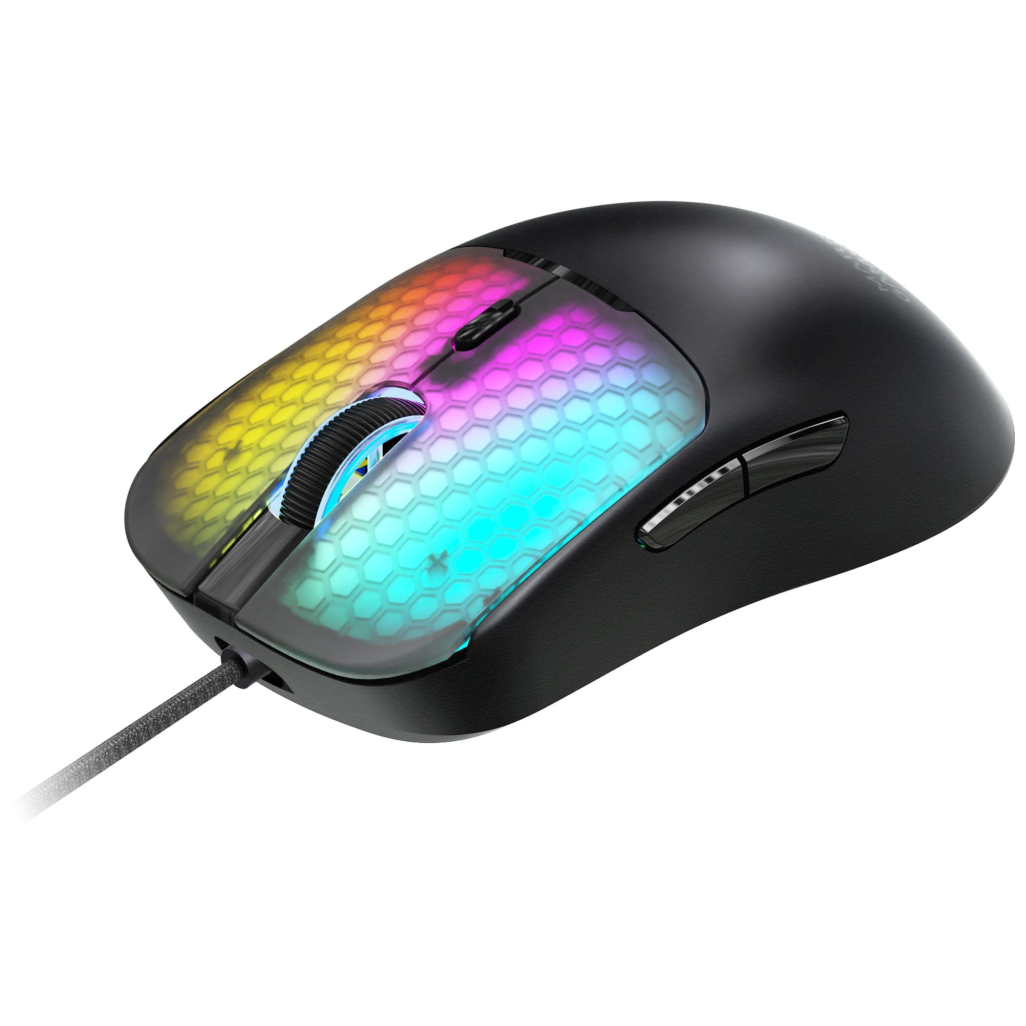 Ratón gamer negro con iluminación RGB y patrón de panal.