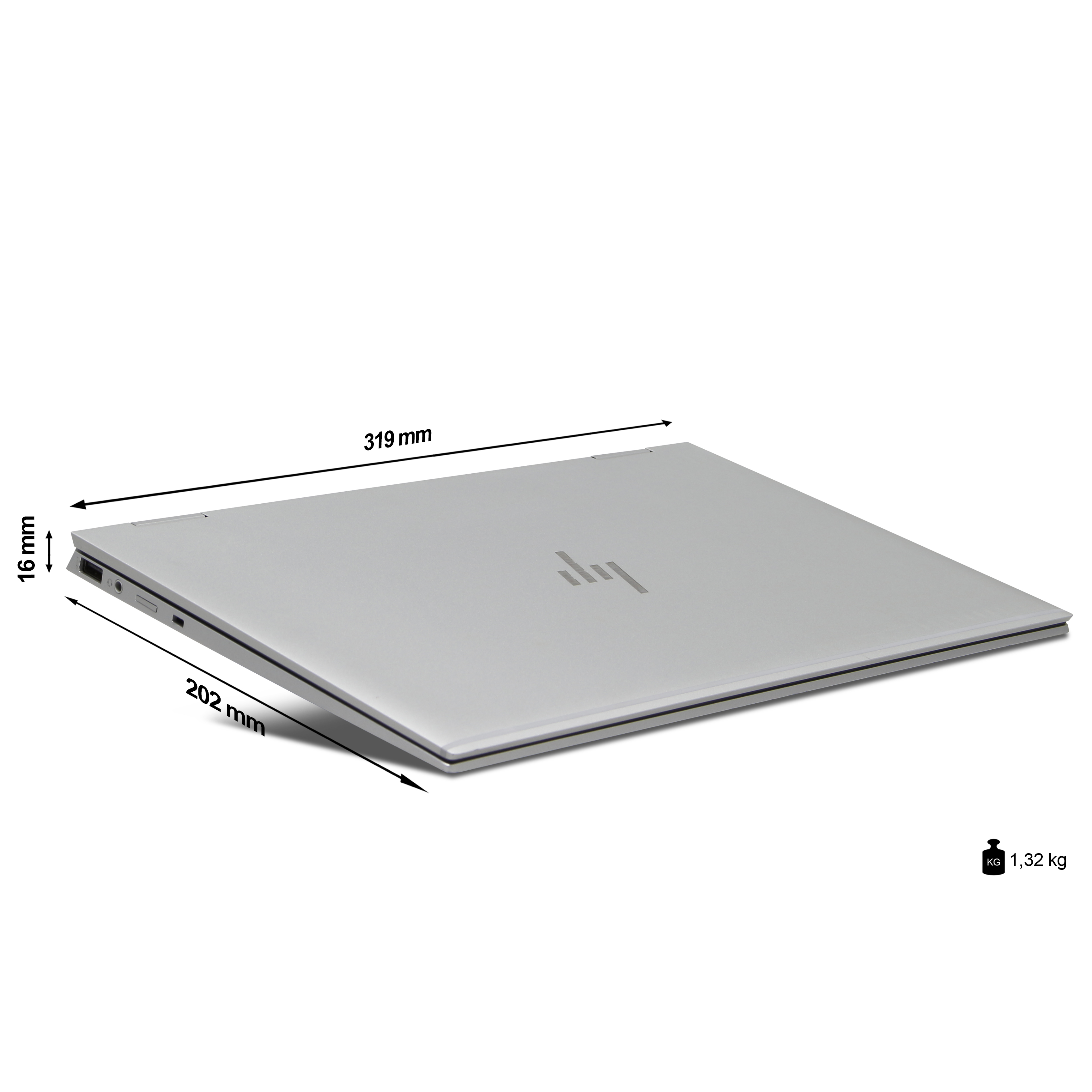 Portátil plateado de 319x202x16mm y 1,32 kg.
