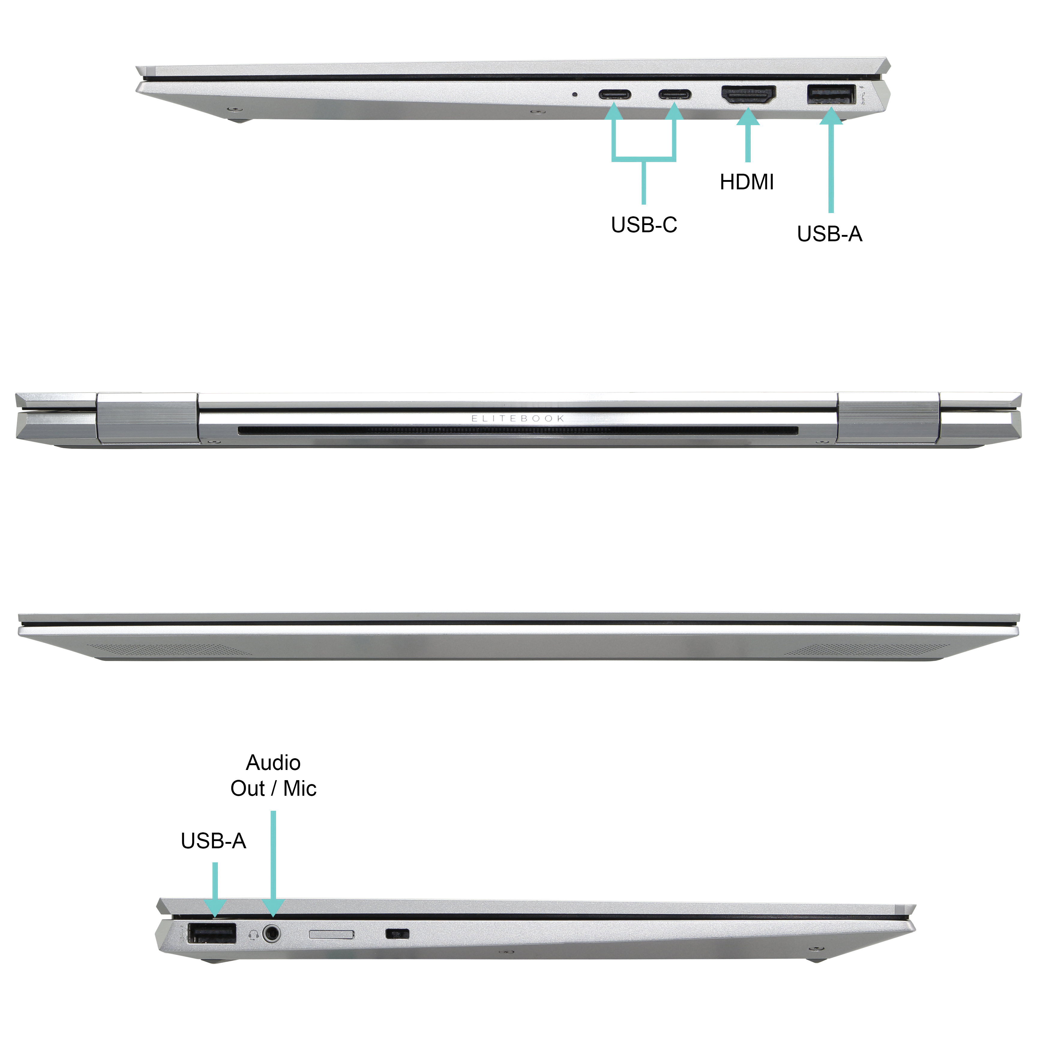 Portátil plateado con puertos etiquetados: HDMI, USB-A, USB-C, Salida de audio/micrófono.