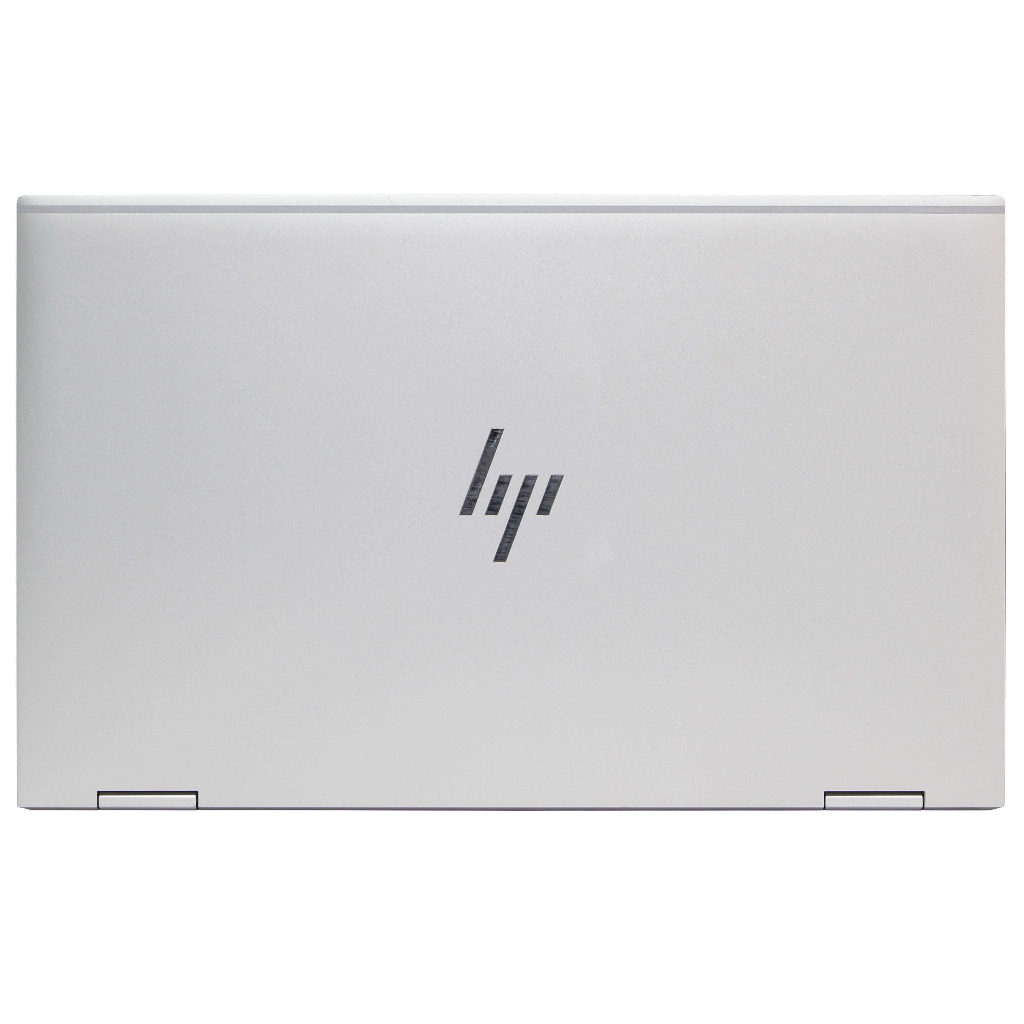Portátil plateado cerrado con logo de HP en el centro.